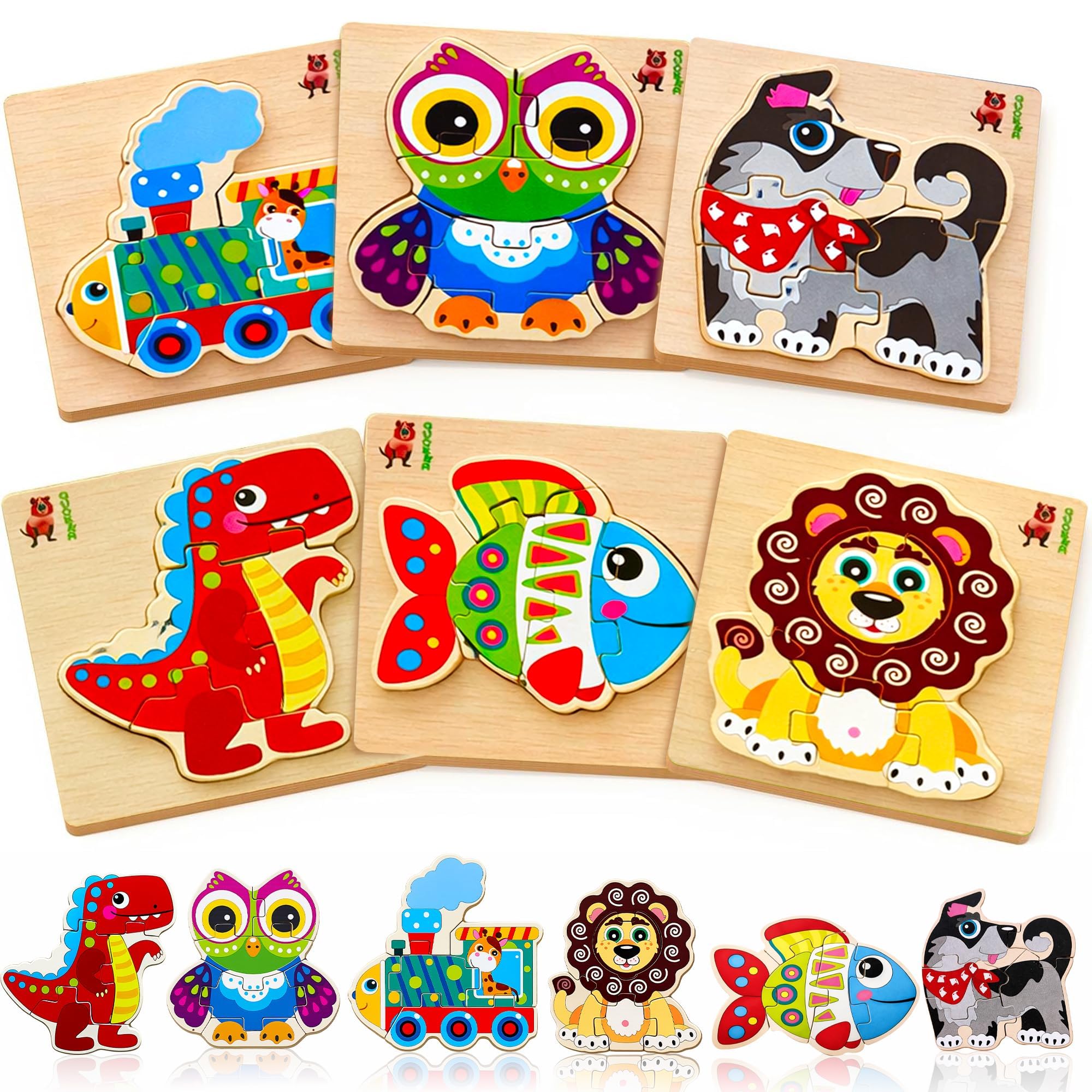 QUOKKA Montessori Toys For 1 2 Year Old Toddler - 6 Pack Wooden Puzzles For 2 3 Year Olds - Educational Toys For Learning Animals - Baby Gift Game