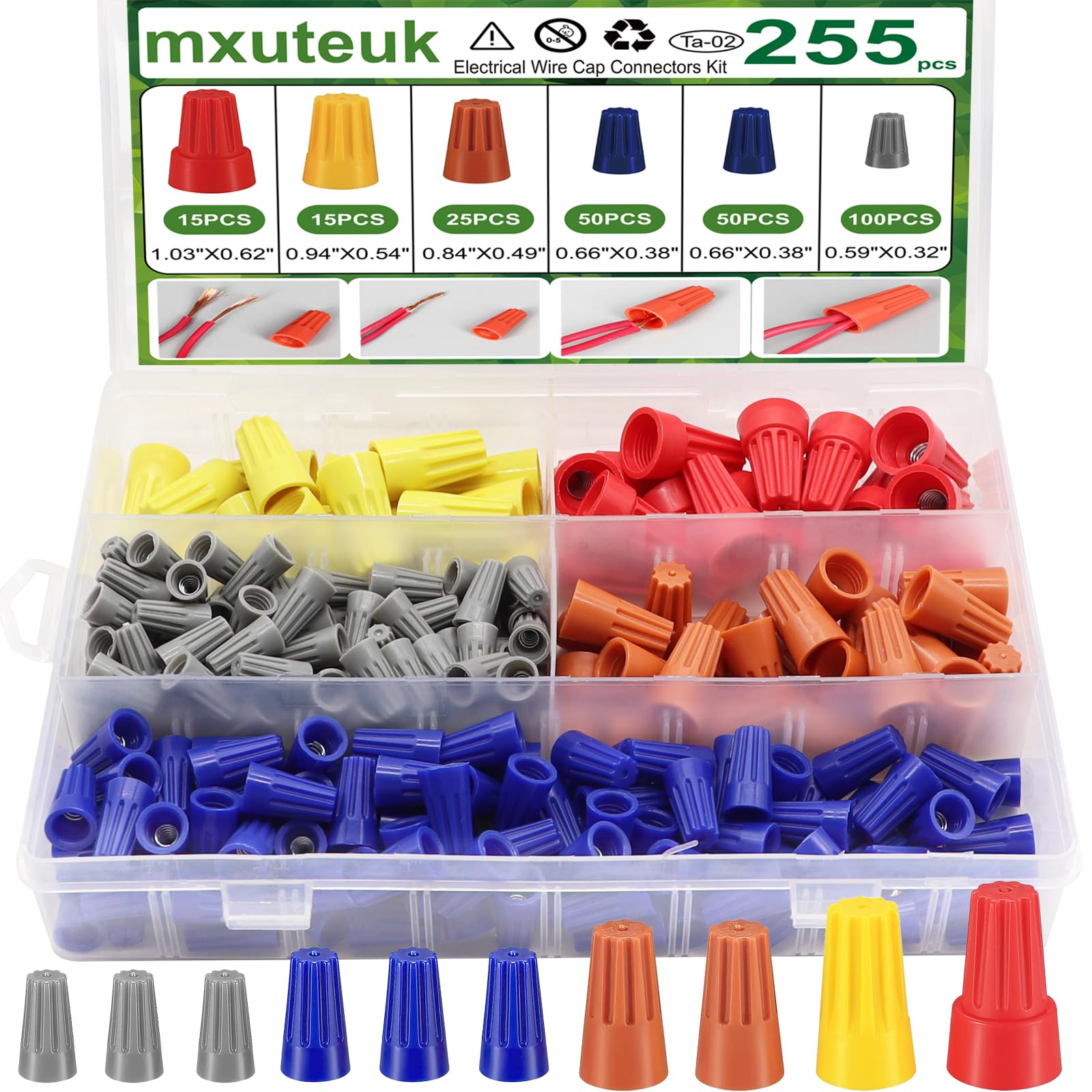 mxuteuk 255PCS Electrical Wire Caps Wire Connectors Nuts Kit, 22-10AWG Insulating Insert Twist Wire Connectors with Spring