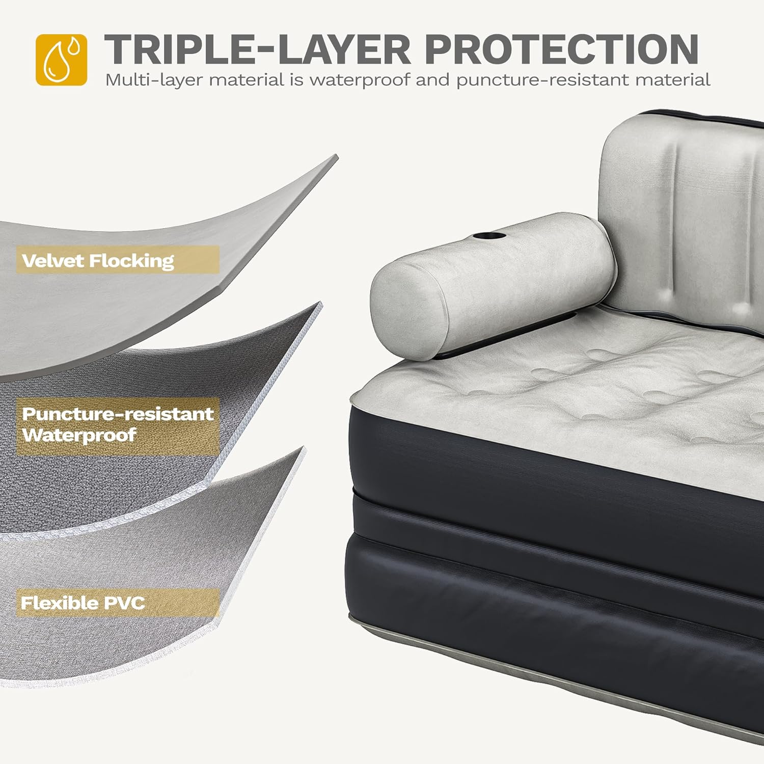 DWVO Air Sofa Bed Mattress with Headboard, Queen Size Inflatable Sofa Bed with Pump & Cup Holders, Blow Up Couch for Home/Apartment/Camping, Gray & Black