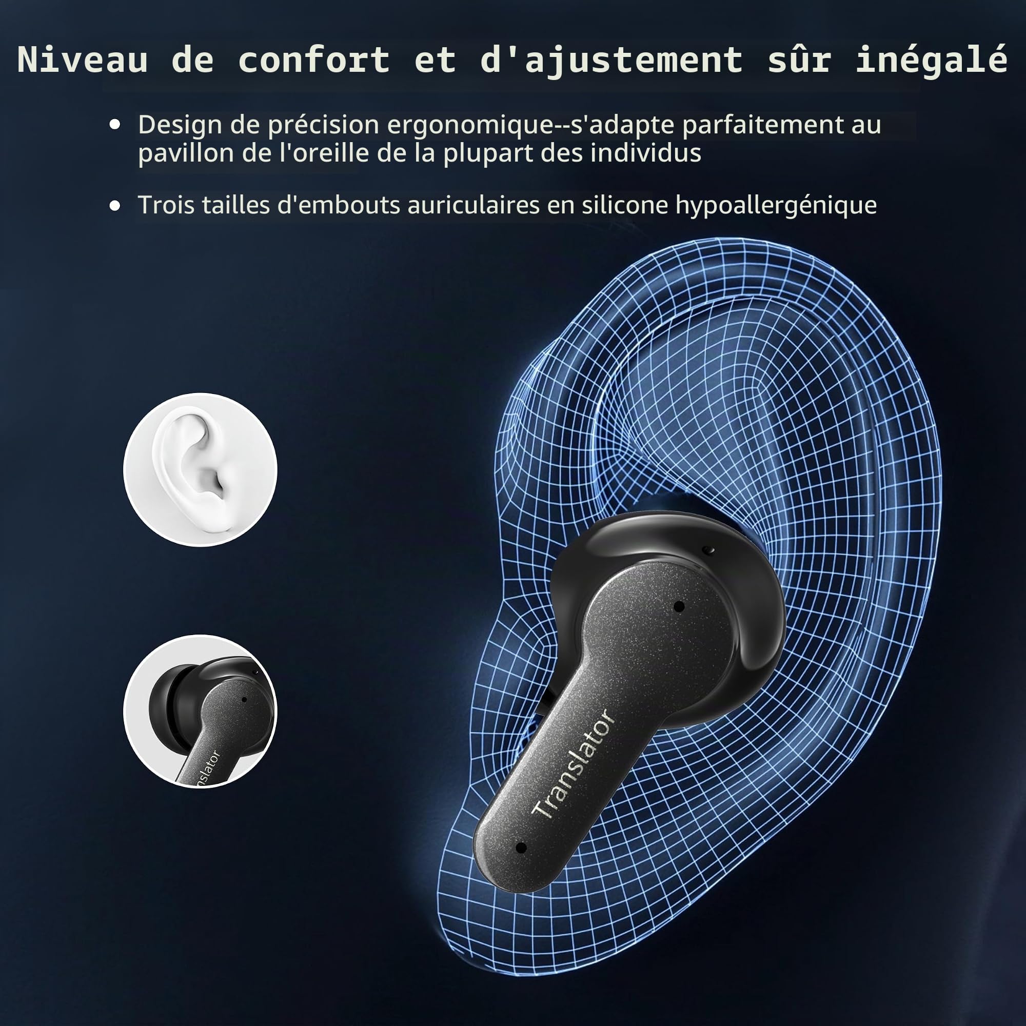 Anfier M3 Écouteurs de traducteur en temps réel avec 98 % de précision et réponse rapide en 0,5 s (sans emballage hors ligne) Noir