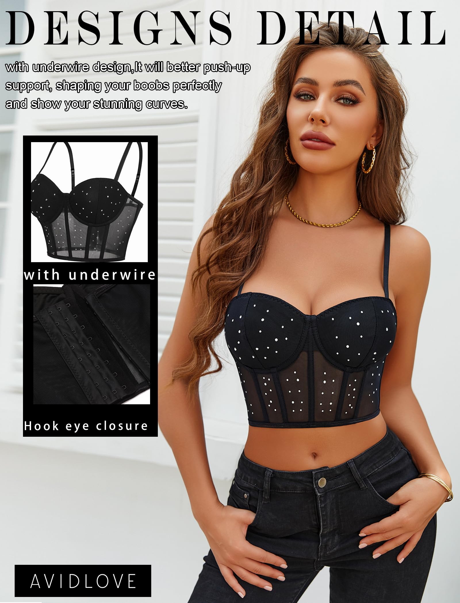 Avidlove Corset sexy pour femme - Bustier push-up Y2K - Haut sexy pour sortir, fête, club, noir, XX-Large