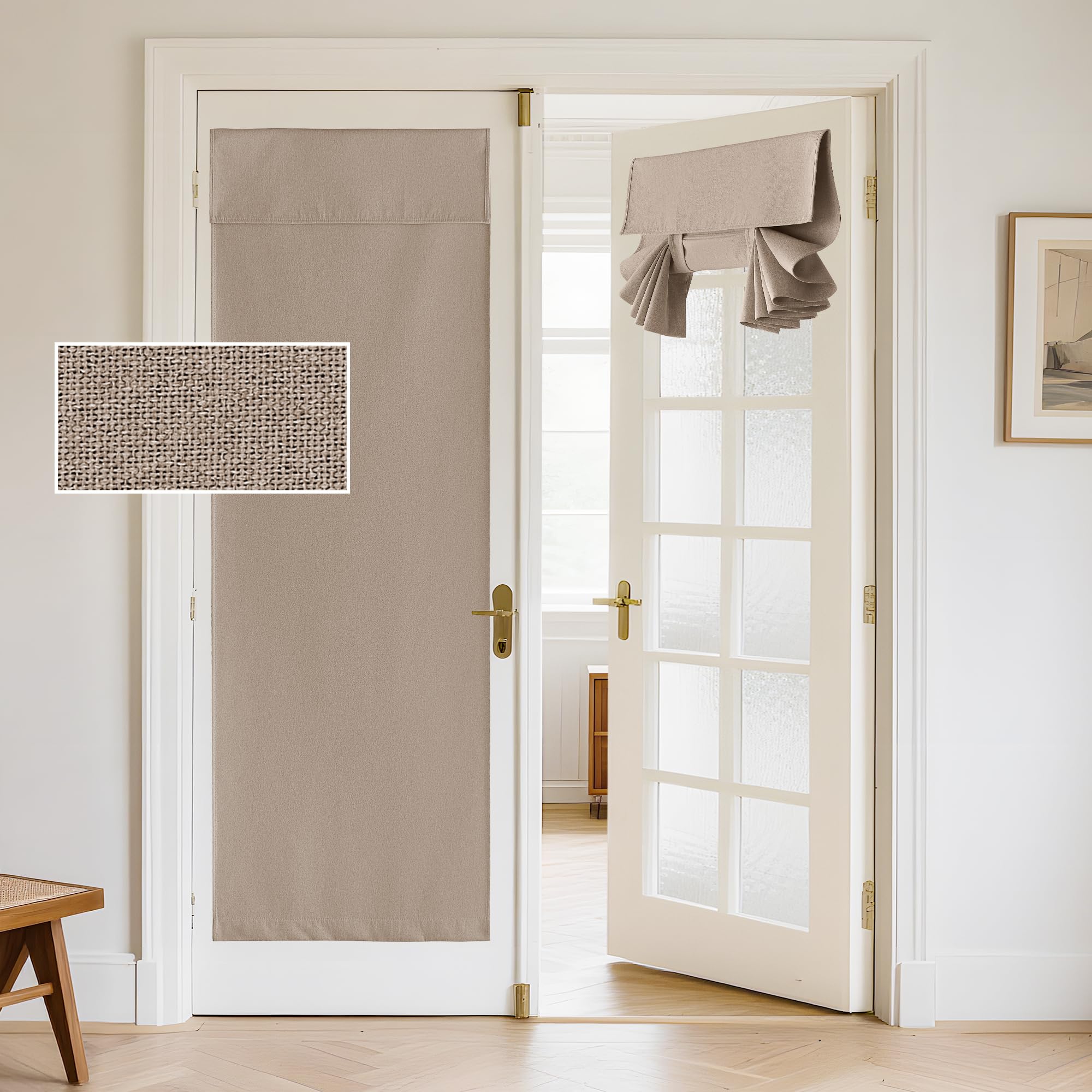 RYB HOME 100% Blackout Linen Door Window Curtains for French Door, Tricia Room Darkening Adhesive Privacy Assured Thermal Insulated Blinds for Kitchen Glass Window, W 26 x L 72, 1 Panel, Mocha