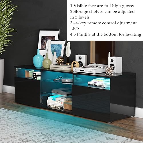 Miniatura 2 de Uspeedy Soporte de TV LED de alto brillo para televisores de 65 pulgadas, moderno centro de entretenimiento con estantes ajustables e iluminación