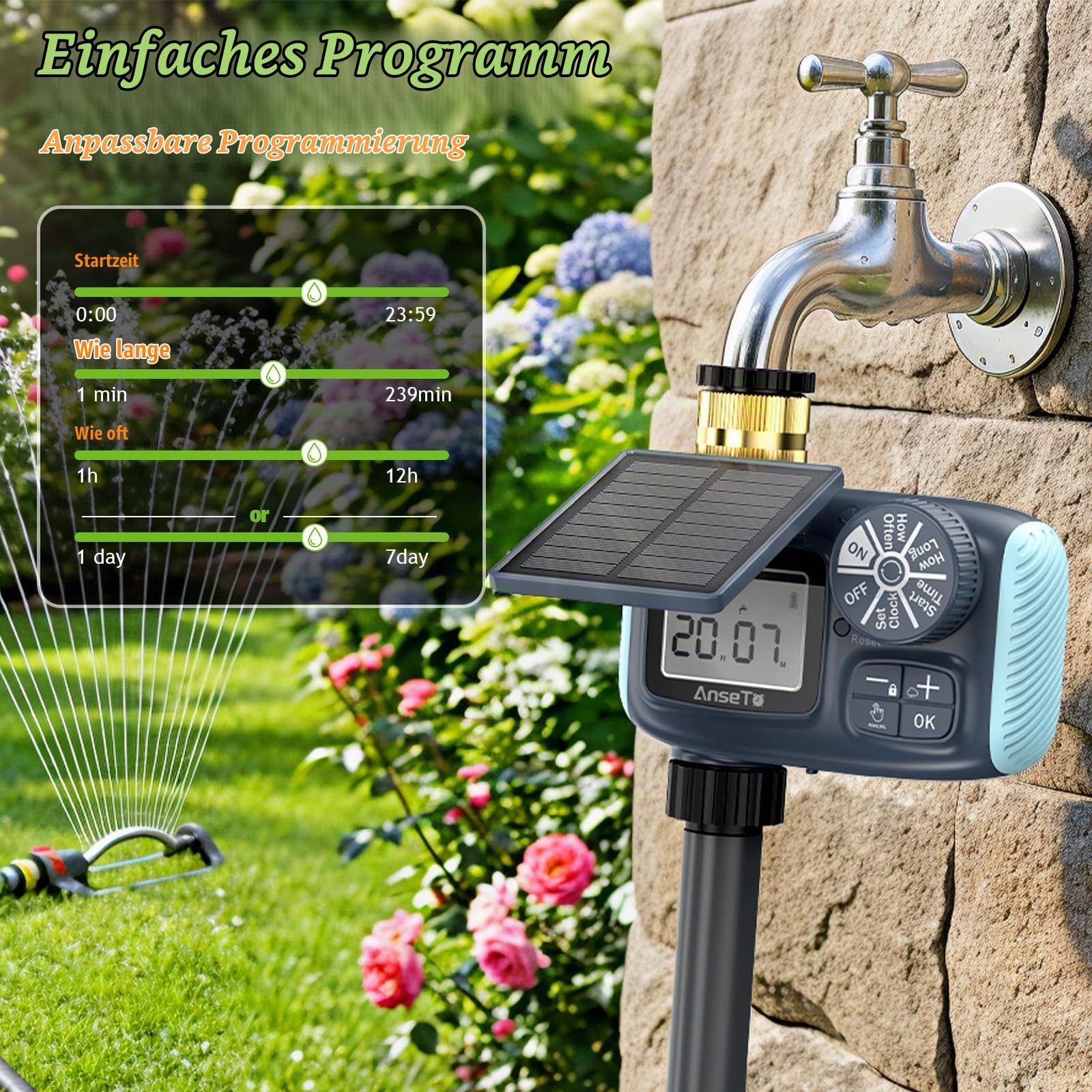 Solar Bewässerungscomputer mit Solar- & USB-C-Aufladung für Garten