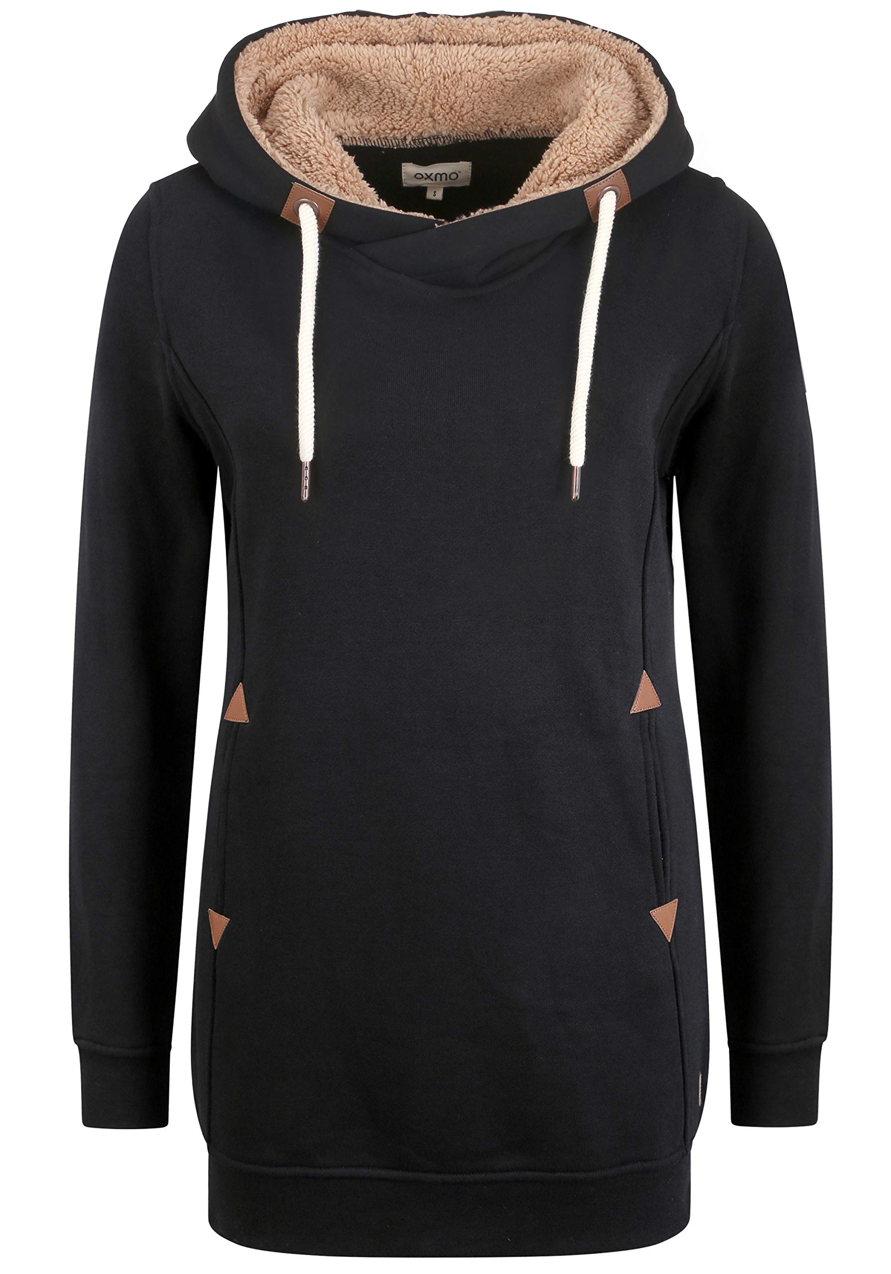 Oxmo Vicky Pile Hood Long Women's Long Hoodie Jumper Hooded Sweatshirt with Teddy Fleece, Size:XS, Colour:Black PIL (7990002)