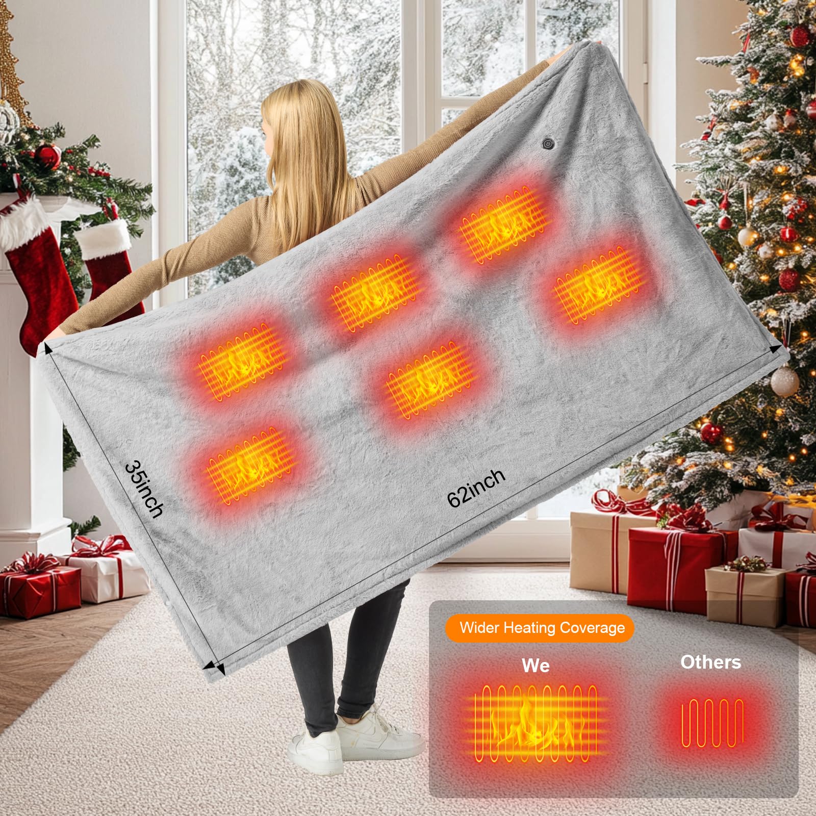 Heizdecke Kabellos 160x90cm mit Akku, Waschbar Flanell Heizdecke, USB Elektrische Wärmedecke für Sofa, Büro, Reisen, Camping (Grau)