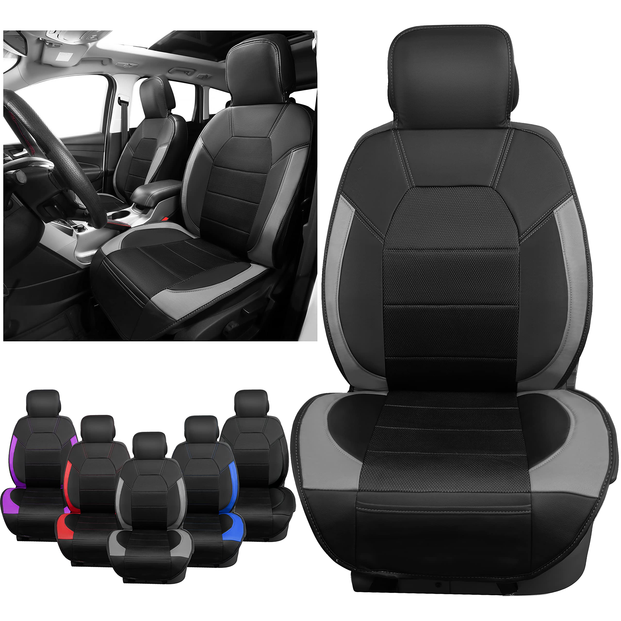 Photo 1 of CAR-GRAND 1PC Leather Seat Covers Front Seats Universal Sideless Only,1Min Easy Install &Non-Slip Silicon-Bead & Waterproof Durable Cushioned for 95% Car Automotive SUV Van Truck,Black Gray/Grey Black+Gray