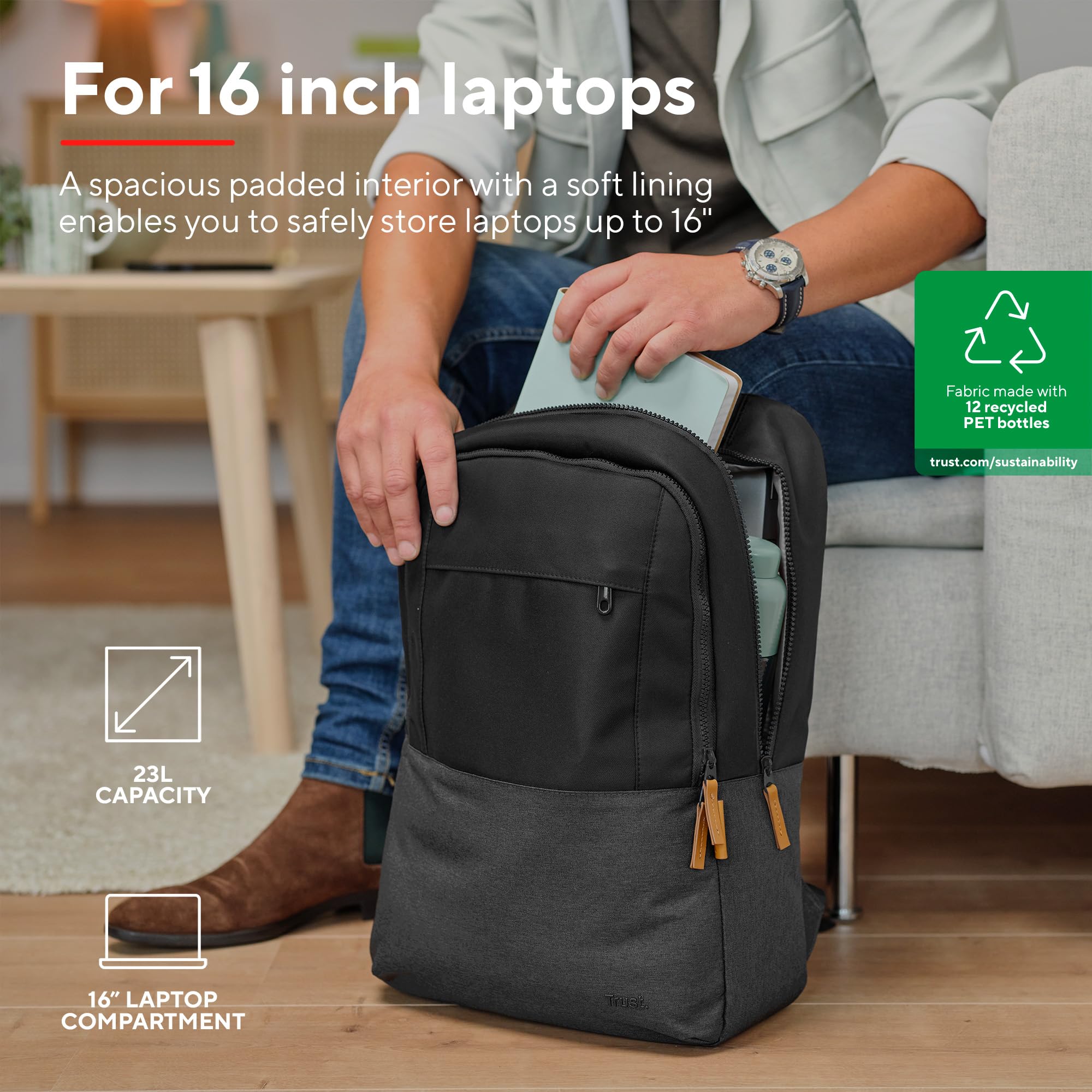 Trust Lisboa Sac à Dos pour Ordinateur Portable 16 Pouces, 23 Litres, Noir | avec Sangle pour Chariot, Plastique Recyclé, Backpack PC Voyage Homme Femme Collège Loisir Affaire Travail