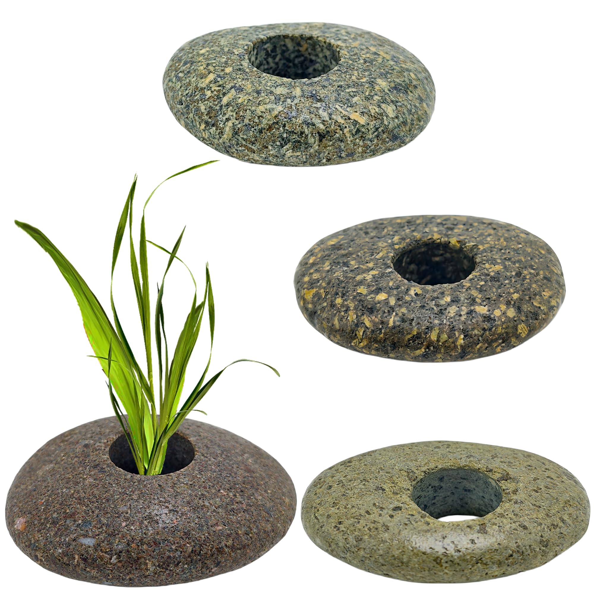 4PCS 0.8" Holes Natural River Stone Plant Weights for Aquarium，Pebble Aquatic Plants Fixed Ring for Aquatic Plants，Unique Shape & Size Decorative River Rock for Landscape Plant(