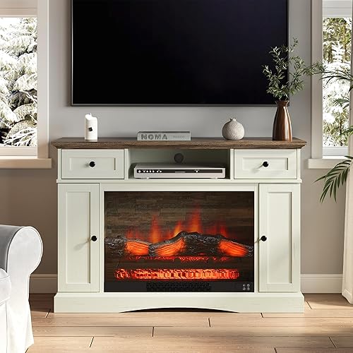 RoyalCraft Fireplace TV Stands with for TVs up to 55'', Media Console Table with Adjustable Shelves, Double-Door Design, Entertainment Center for Living Room, White and Rustic Oak