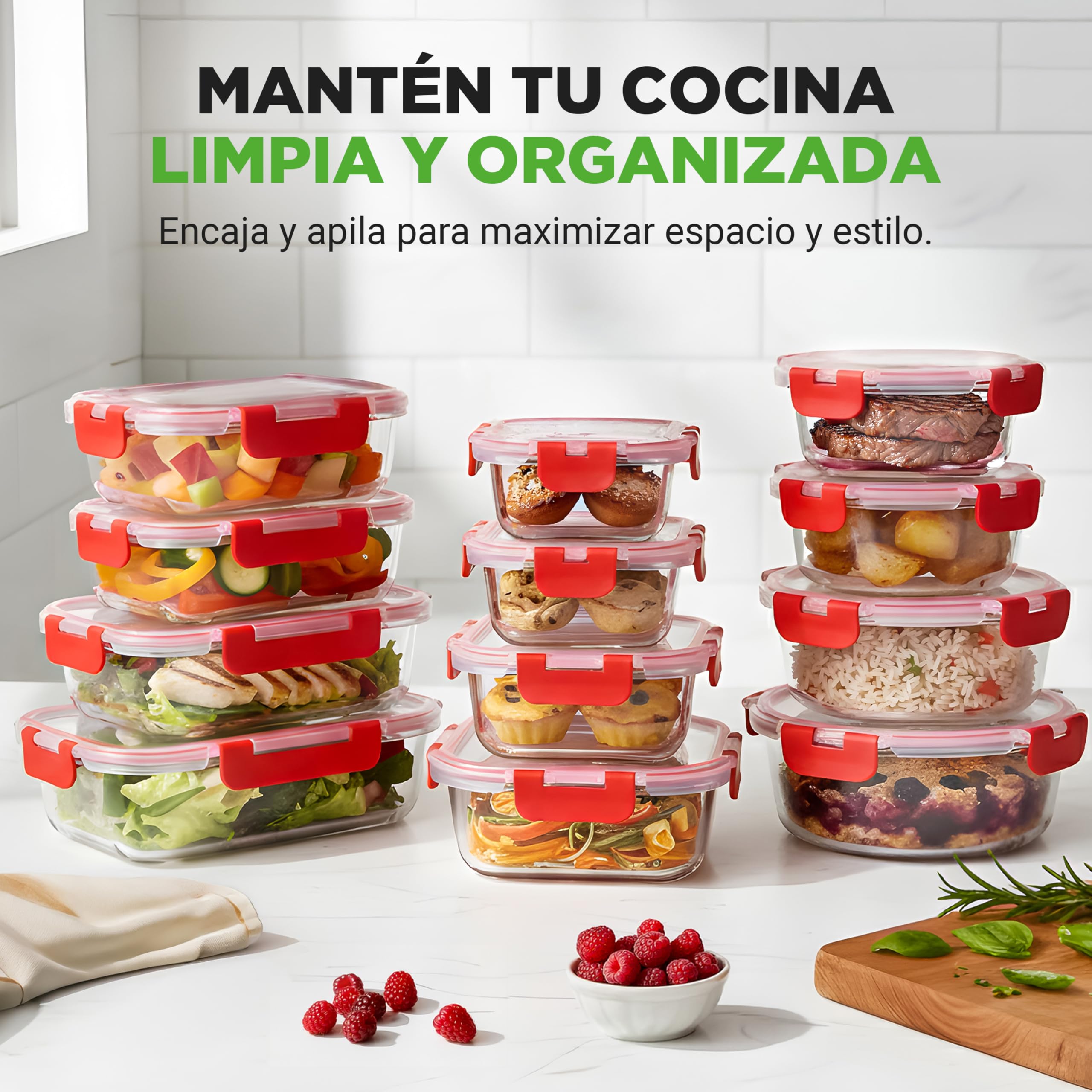 Nutrichef frascos de vidrio, 12 piezas con tapas hermeticas, Tapers aptos para microondas, Congelador y Lavavajillas automatico. Contenedores ideales para comidas, frutas y mas