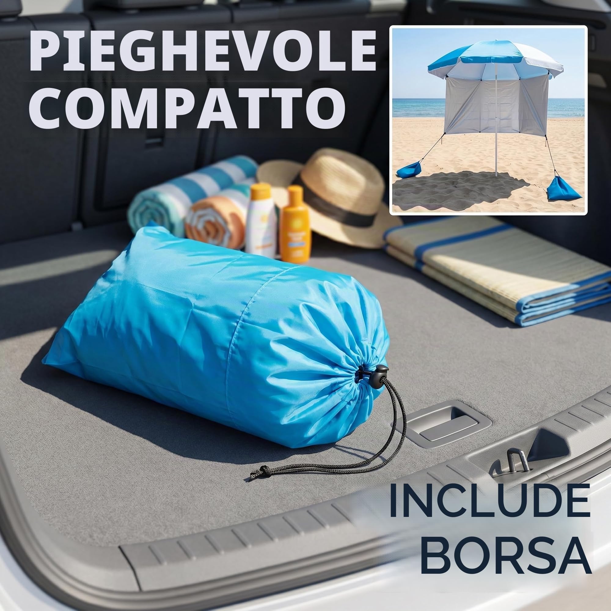 Pincho Tenda laterale per ombrellone da spiaggia, paravento da spiaggia con sacchi di sabbia, ombra extra antivento, riparo pieghevole per ombrellone, accessorio compatto, resistente e leggero, 200 x
