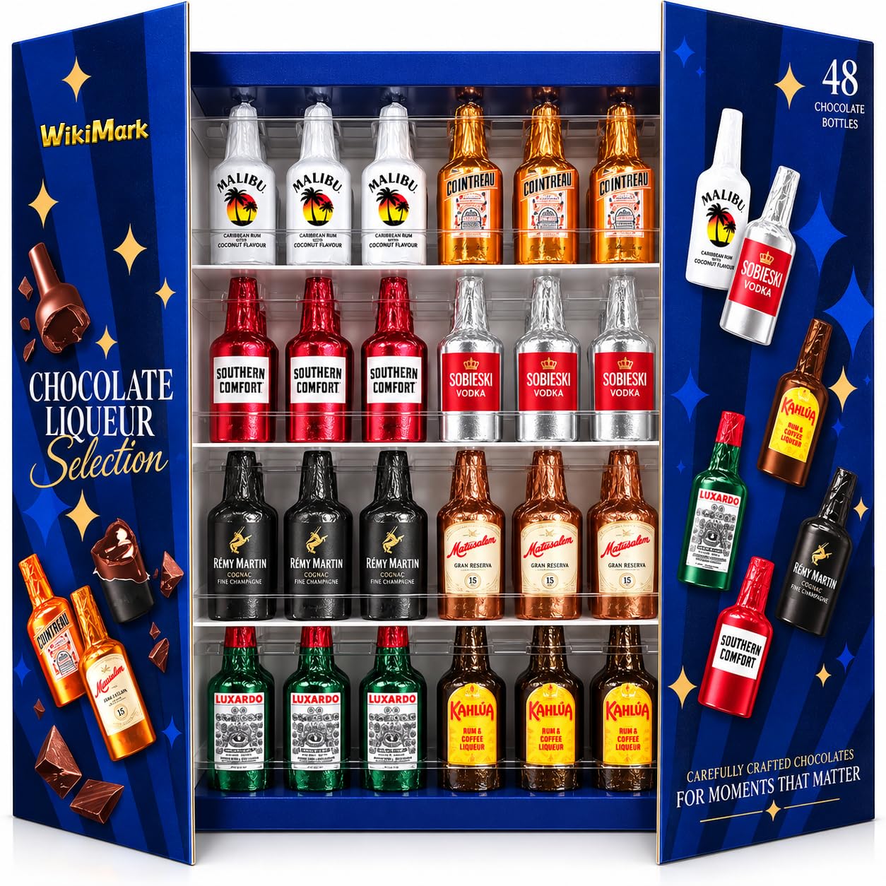 Bouteilles de chocolat remplies d'alcool – Nouvelle édition 2025 avec de nouvelles saveurs – Comprend une boîte à bouteilles WikiMark. 1 Kg - 64 Bouteilles.