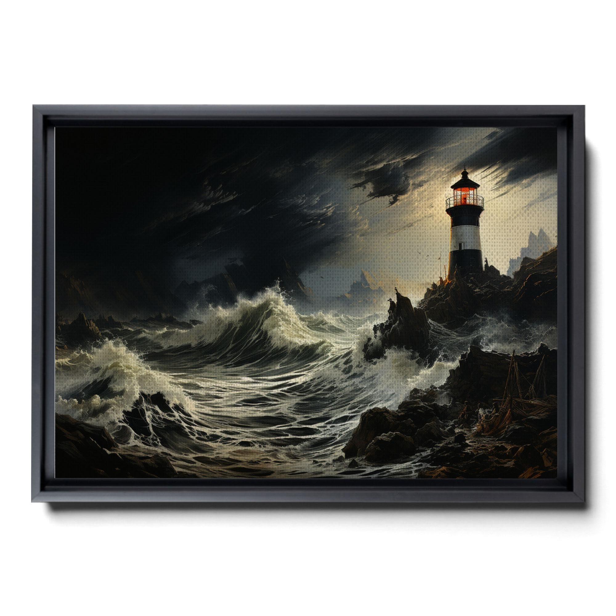 Lighthouse in a storm, black and white, tsunami waves, framed canvas print, ready to hang framed wall art