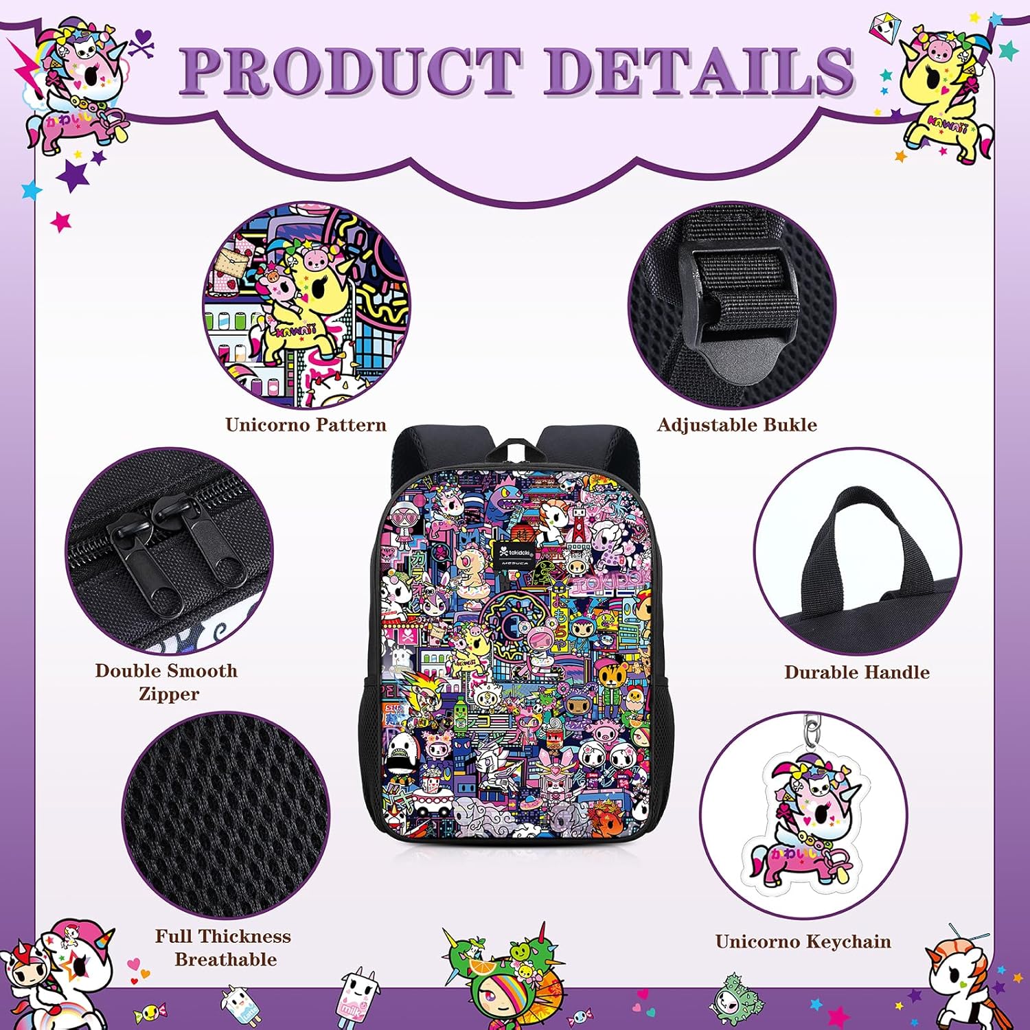 Tokidoki Backpack Set with Lunch Bag Pencil Case Unicorno Keychain Travel Laptop Bag Casual Daypacks for Women (Backpack Set-Purple)