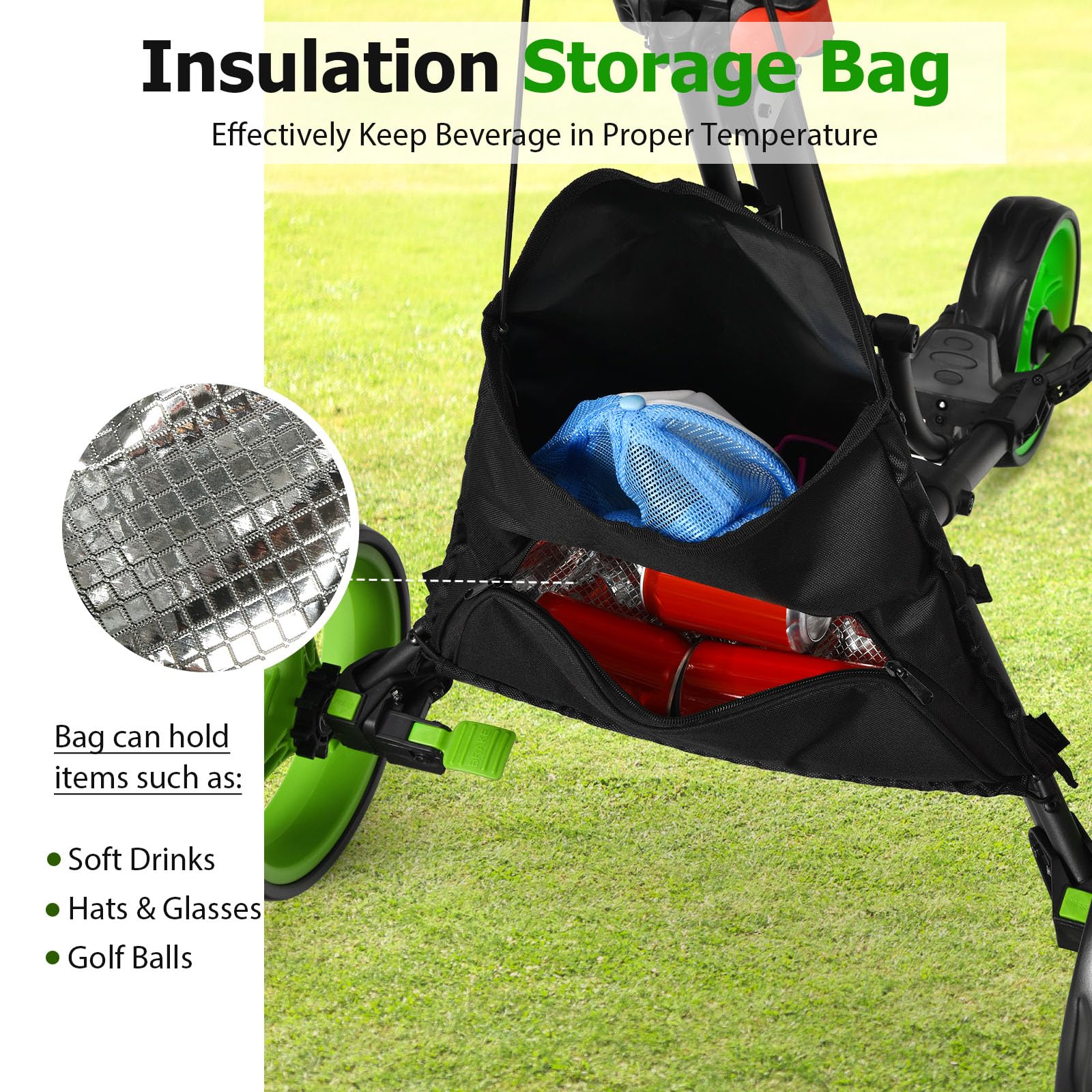 LIFEZEAL Carrello da golf pieghevole, 3 ruote Golf Push Cart con freno a pedale, carrello da golf con 3 posizioni regolabili in altezza, pieghevole con portaombrelli e portabottiglie e borsa