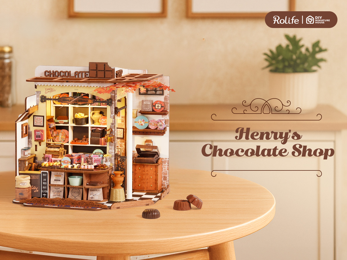 Kit Casa In Miniatura DIY Rolife - Cioccolateria Di Henry, 330 Pezzi, Senza Colla, Con Luci