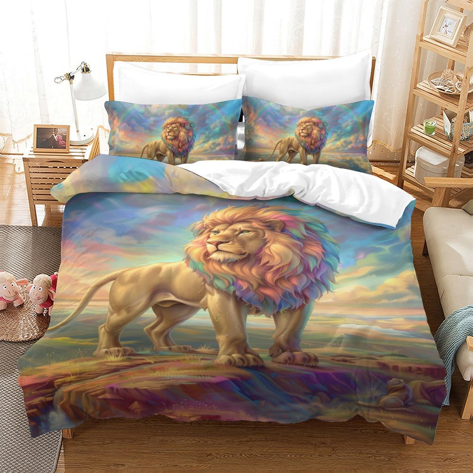 Parure de lit lion 140x200 housse de couette 3D microfibre avec taie d'oreiller lit simple enfant