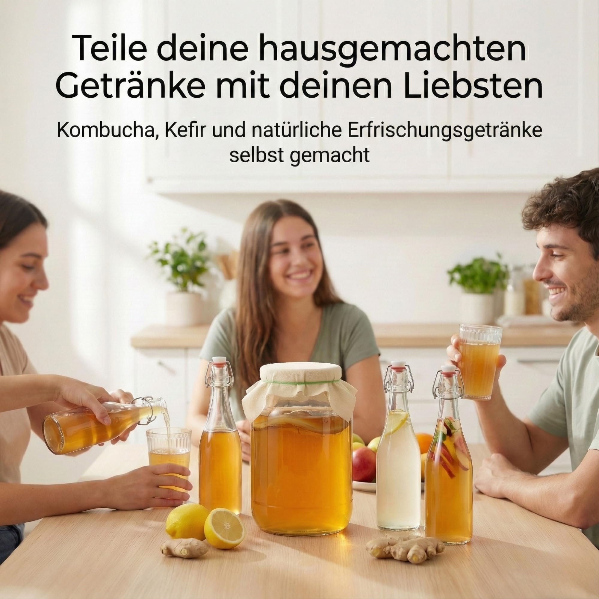 myFERMENTS - Kefir & Kombucha Starter Set | 4,25L Glasgefäß | 6 x 750ml Bügelflaschen | 10cm Trichter & Mulltuch | Fermentationsglas, Farblos, Glas