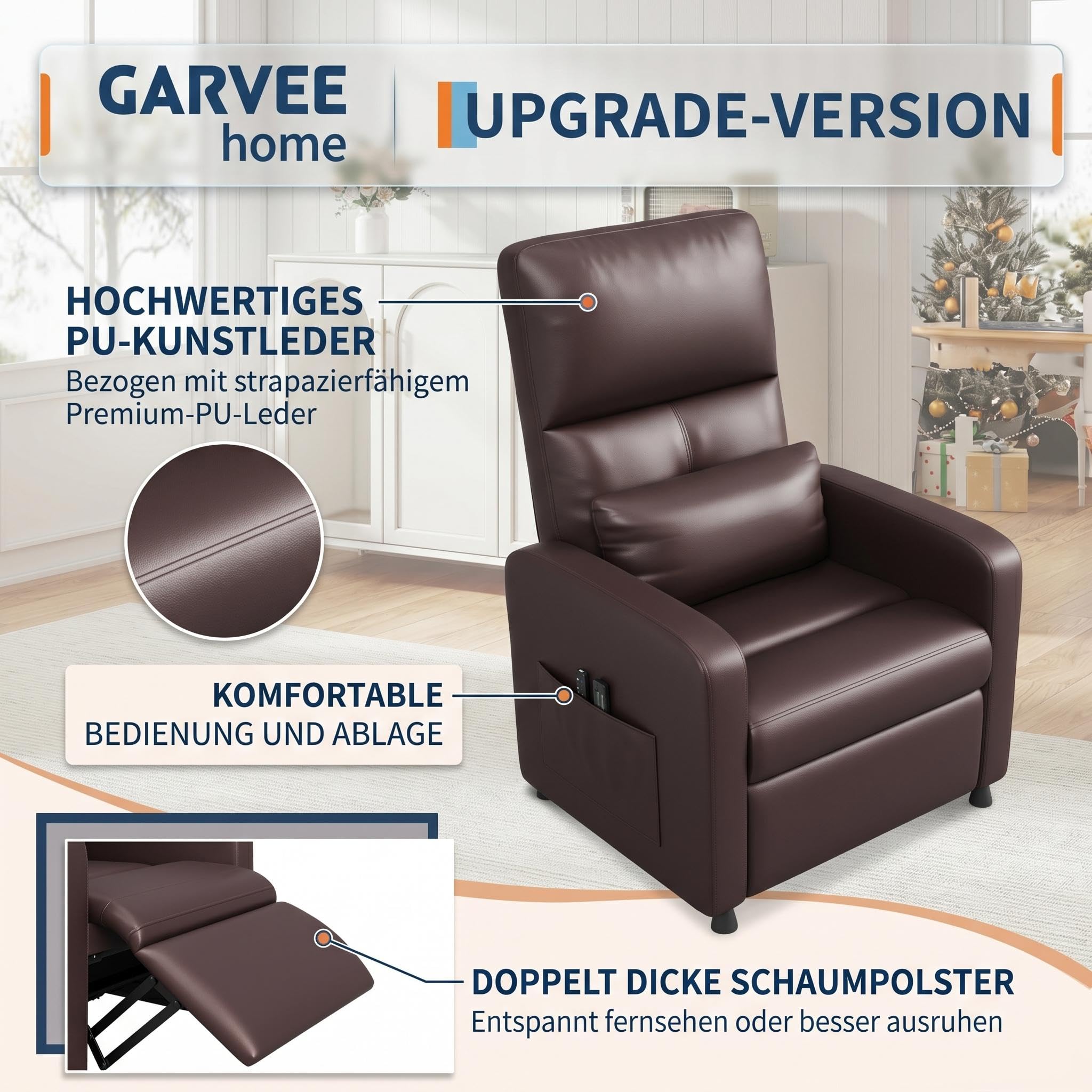 Massagesessel Elektrisch mit 8 Massagemodi, Relaxsessel mit Liegefunktion & Heizfunktion, Fernsehsessel mit Lendenstütze, USB-Anschluss & Seitentasche, Sessel für Wohnzimmer, belastbar bis 180 kg