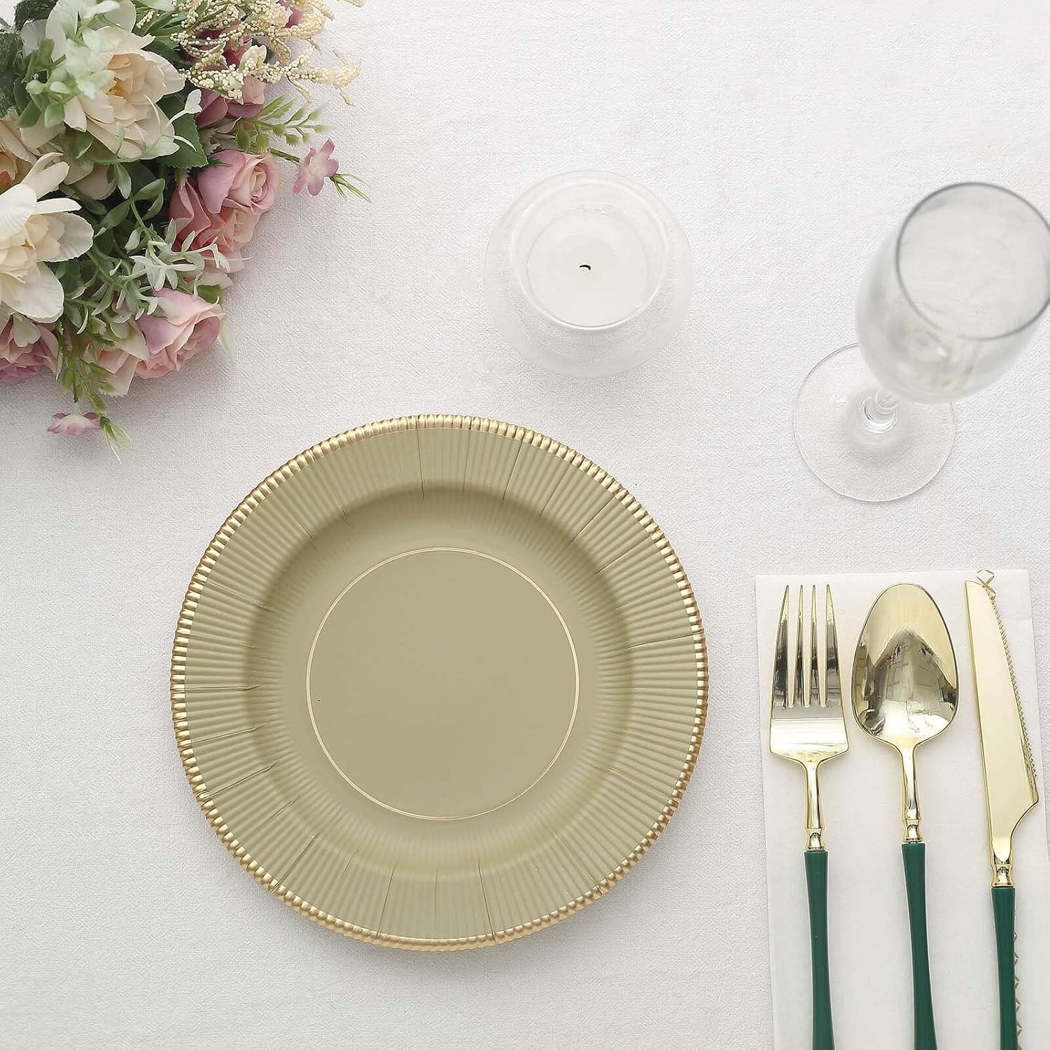Efavormart 25-Pack 8" Khaki Sunray Paper Dessert Plates with Gold Rim, Heavy Duty 350 GSM Appetizer Plates with Embossed Sunburst Design