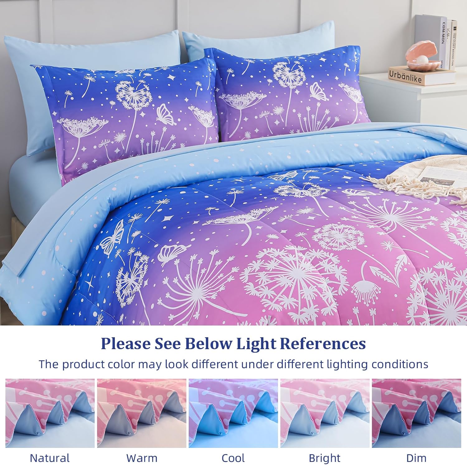 Menghomeus Girls Comforter Set Queen Size 7 Pieces Bed in A Bag Ombre Blue Pink Bedding Set Dandelion Butterfly Print Kids Bedding Collections