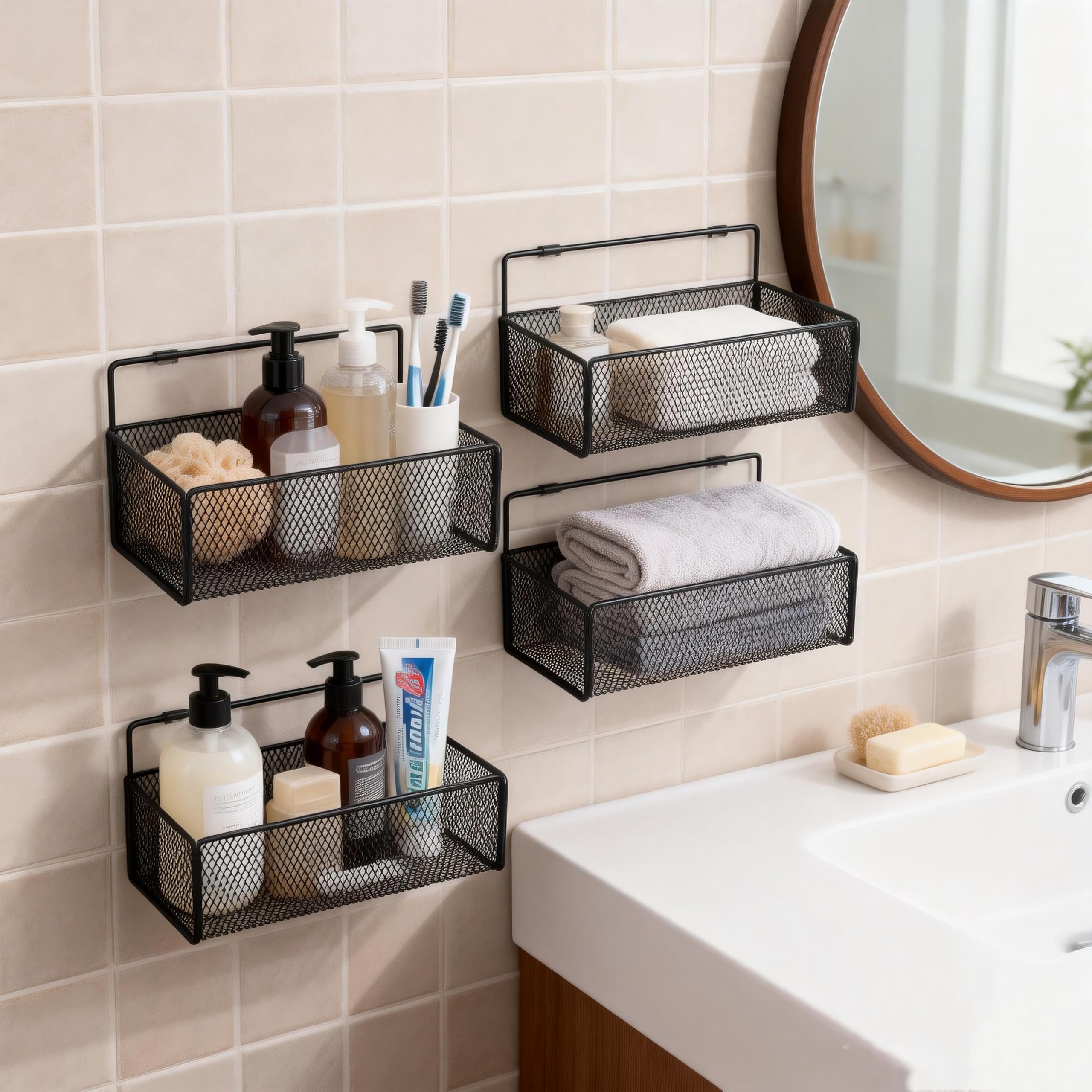 UKCOCO Wall Mounted Bathroom Storage Shelf Punch Free Black Basket with 2 Adhesive Hooks and 2 Nail Fixings 4 Piece Storage Rack Set for Kitchen Bathroom Hotel and Restaurant 10.63X5.91X22.05In