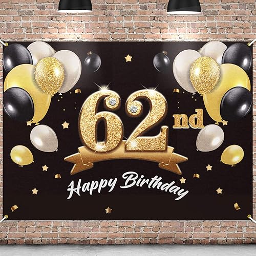 Fondo de pancarta de feliz cumpleaños 62, suministros de decoración de fiesta de cumpleaños 62 para hombres, color negro y dorado, 4 x 6 pies