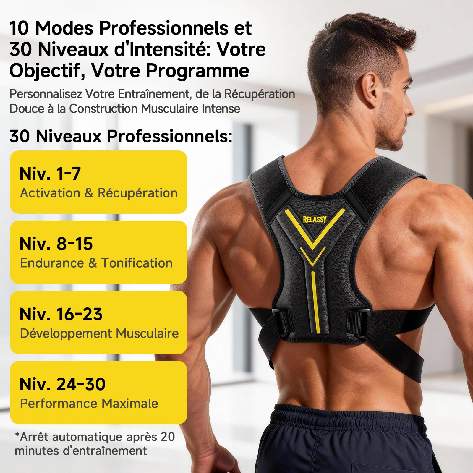 Électrostimulateur Musculaire pour Cou et Dos, EMS Masseur Dos et Cervicales avec Télécommande, Stimulateur Musculaire 30 Niveaux & 10 Modes, Sangle Electrostimulation pour Cou Dos, Entraîneur Cou EMS