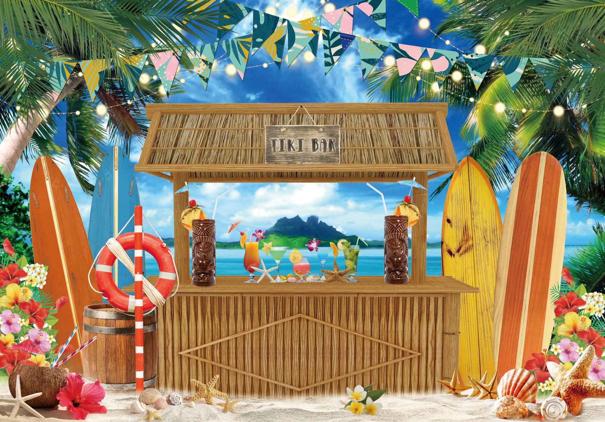 Msocio 7x5ft Polyester Summer Tiki Bar Backdrop Hawaii Aloha Luau Tropical Luau Palm Floral Background Photography for Ocean Beach Wedding Baby Shower