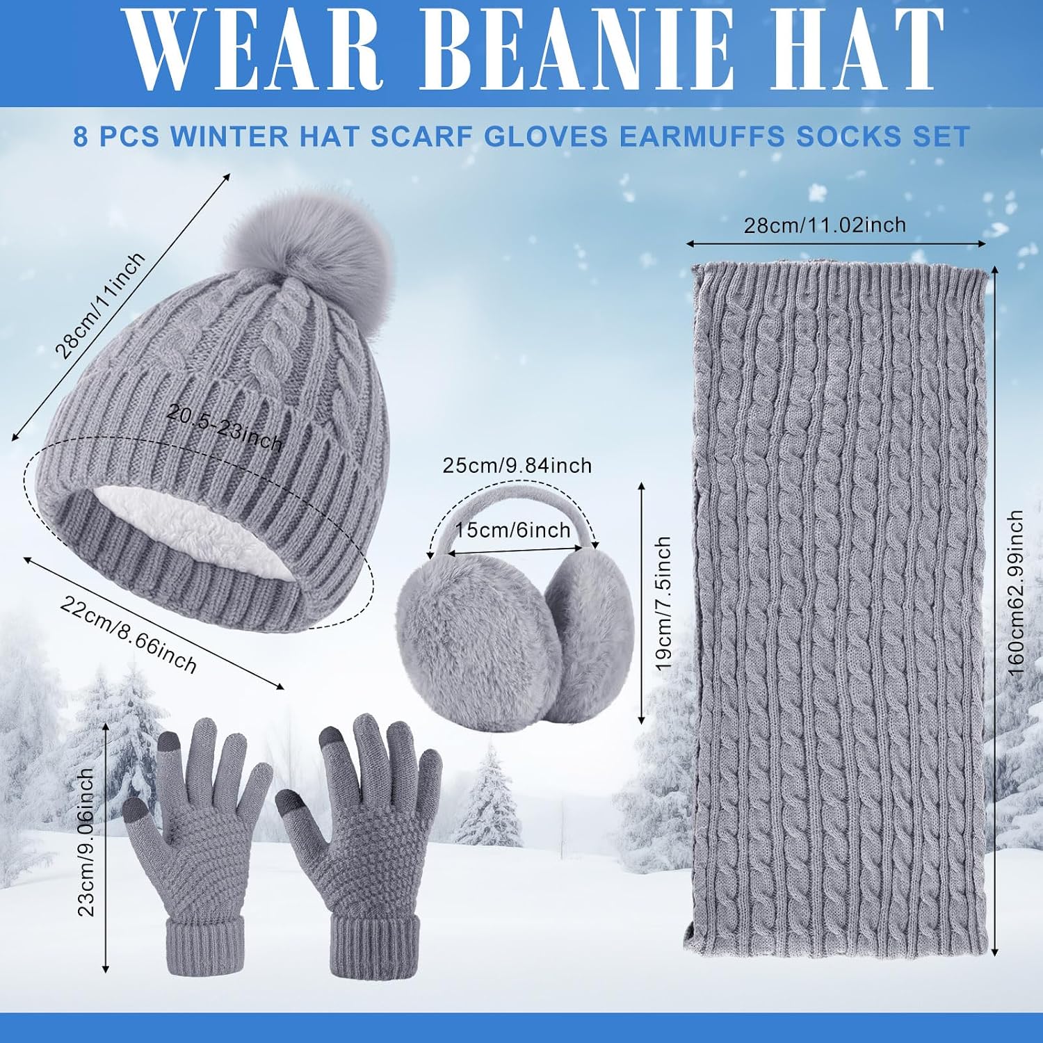 Suhine 8 Pcs Winter Hat Scarf Gloves Earmuff Set Knit Beanie Pompom Hat Warm Touch Screen Gloves for Women Men Adult