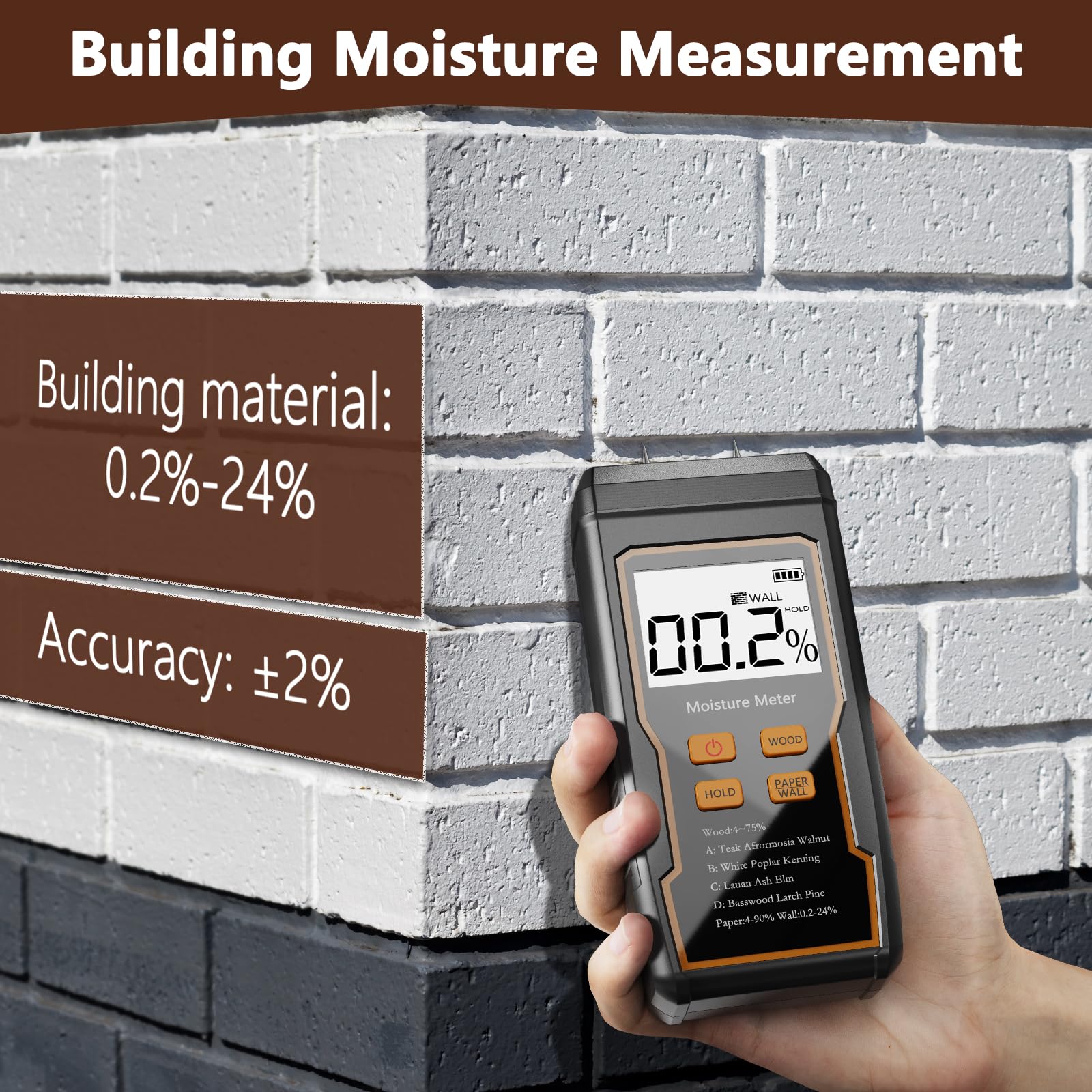 Medidor de humedad de madera, medidor de humedad de 2 pines para paneles de yeso, medidor de humedad para madera, pantalla LCD retroiluminada con audible y visual, para madera, pared, cartón, yeso