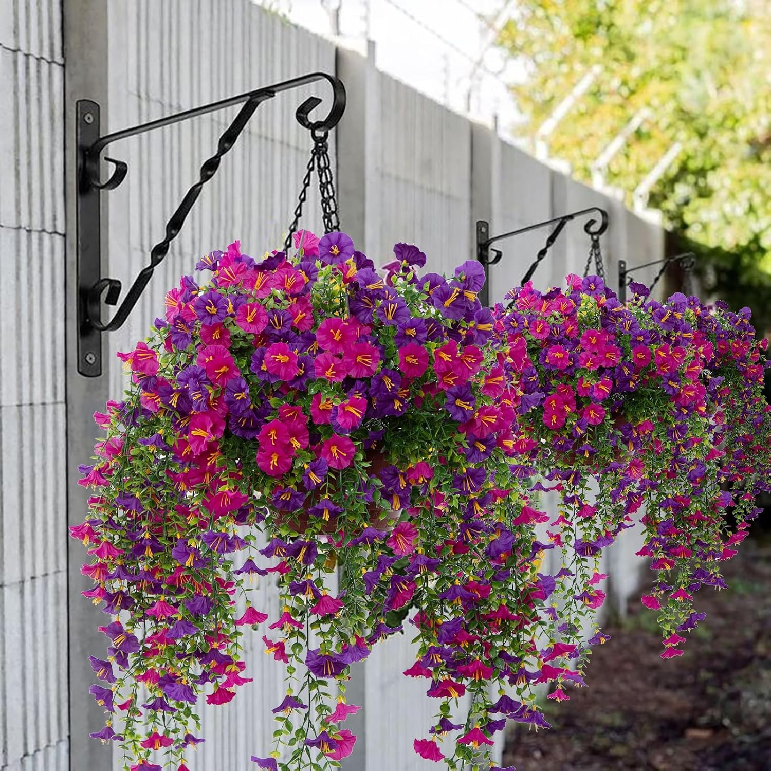 2Pcs Outdoor Faux Hanging Flowers Artificial Morning Glory with Eucalyptus Leaves UV Resistant Look Real Fake Plants for Outside Planter Porch Patio Balcony Yard Decor (Purple & Fuchsia) - Image 2