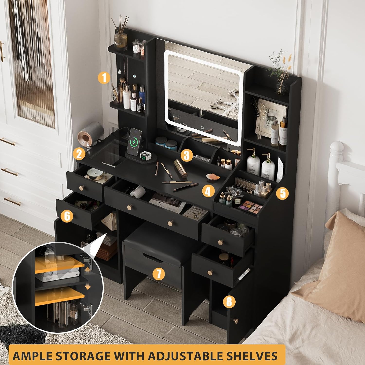 Vanity with various storage compartments labeled with numbers