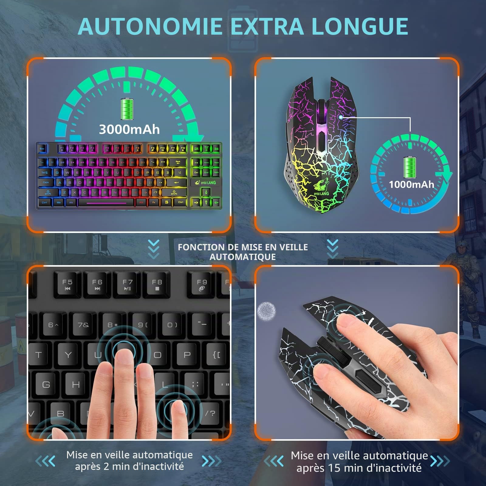 T87 Clavier sans fil 87 touches + souris optique LED arc-en-ciel 2400 DPI 6 boutons – Clavier mécanique rétroéclairé arc-en-ciel avec tapis de souris de jeu gratuit (noir)