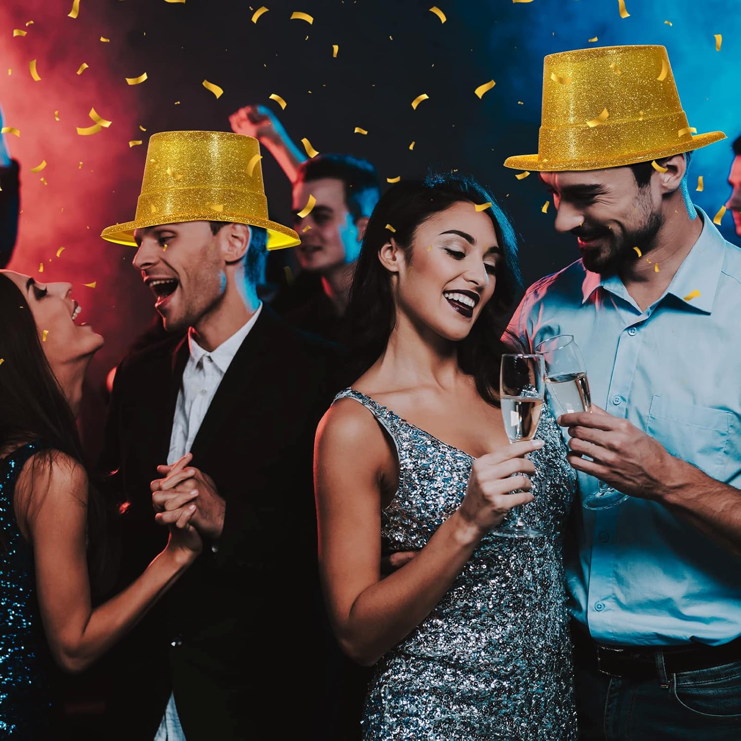 Hillban 50 Pack Glitter Top Hats Bulk Happy New Year Shiny Magician Top Hat for Adults Party