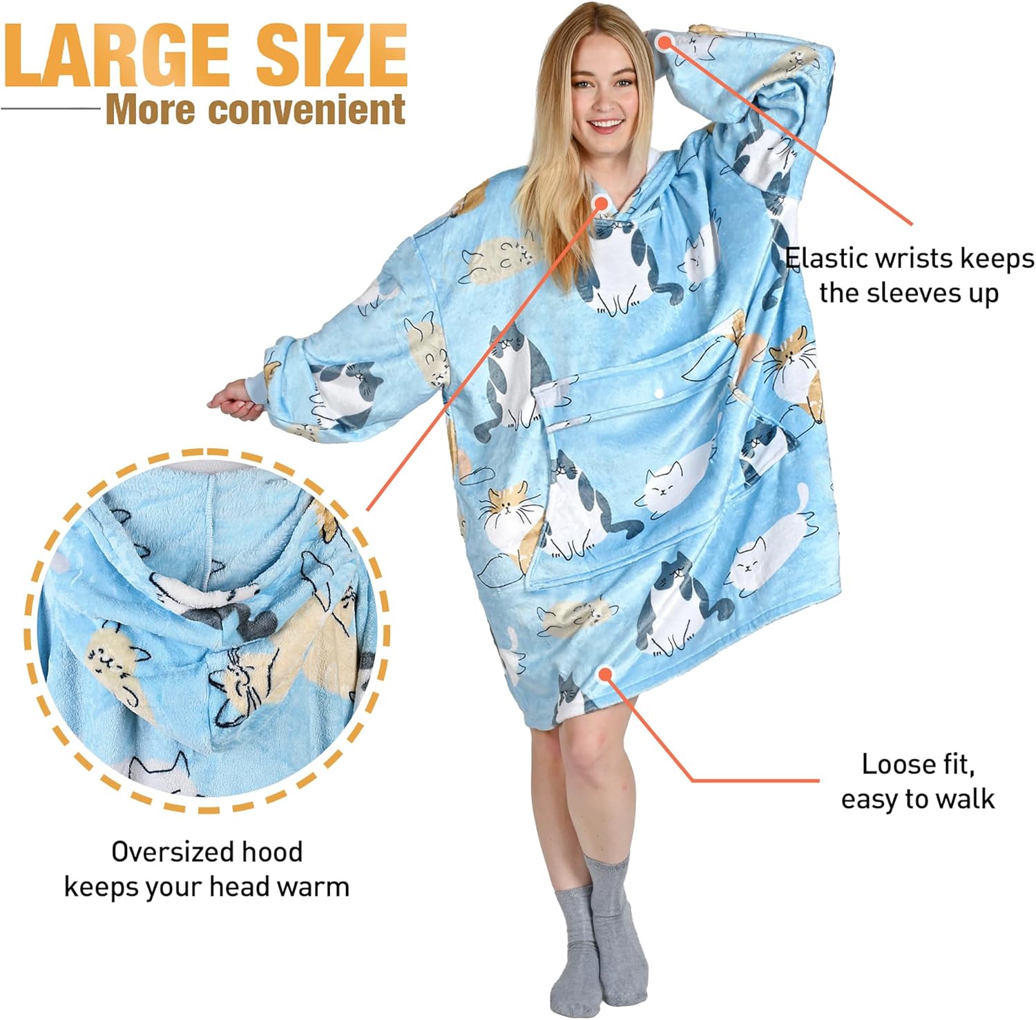 Catalonia Cat Print Oversized Blanket Hoodie Sweatshirt, Wearable Fleece Pullover for Adults Men Women - Image 6
