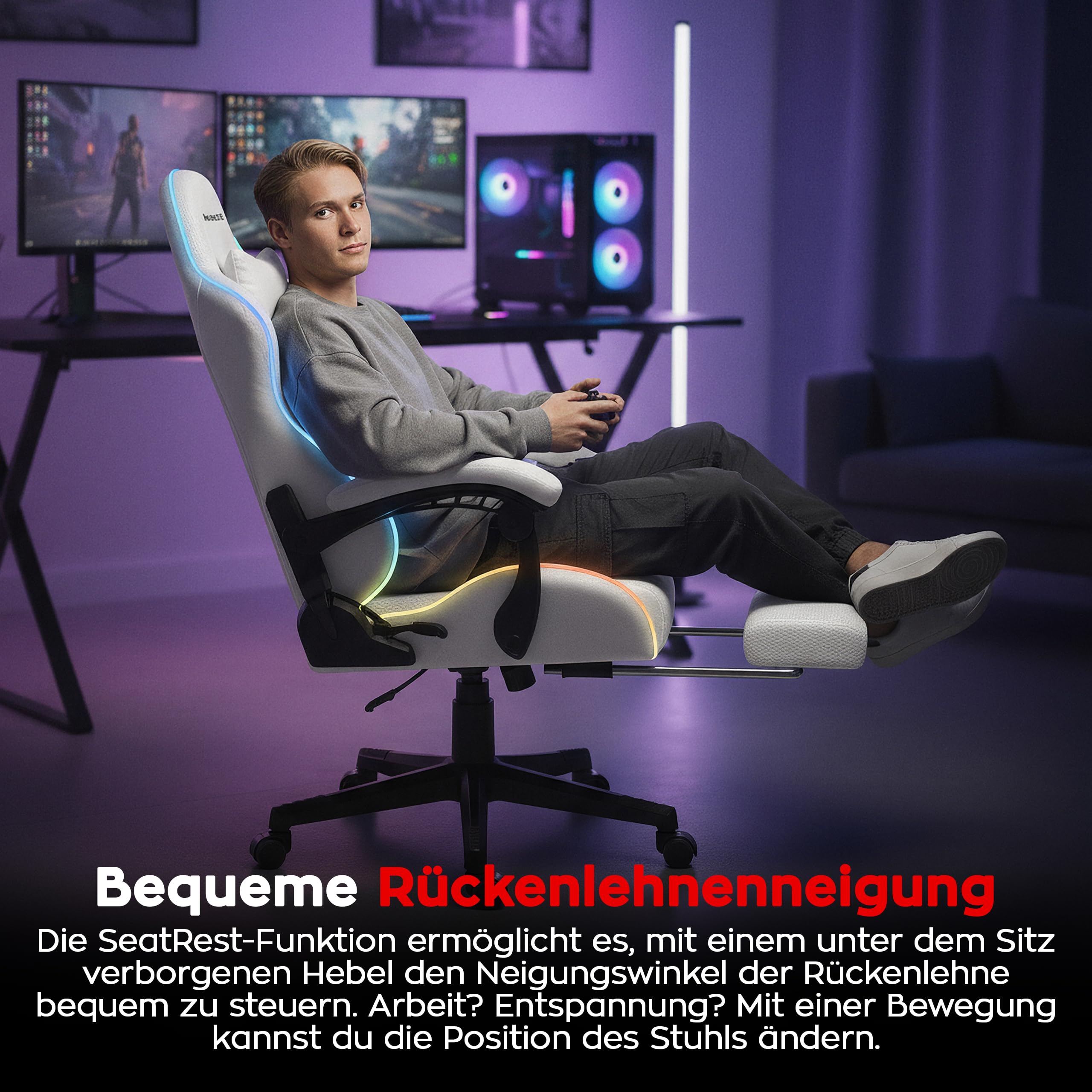 huzaro Force 4.7 RGB Gaming Stuhl - Ergonomischer Bürostuhl & PC Stuhl | Schreibtischstuhl für Gamer - Bis 150 kg belastbar - Mit ausziehbarer Fußstütze & Lendenkissen - Stoff Mesh – Weiß