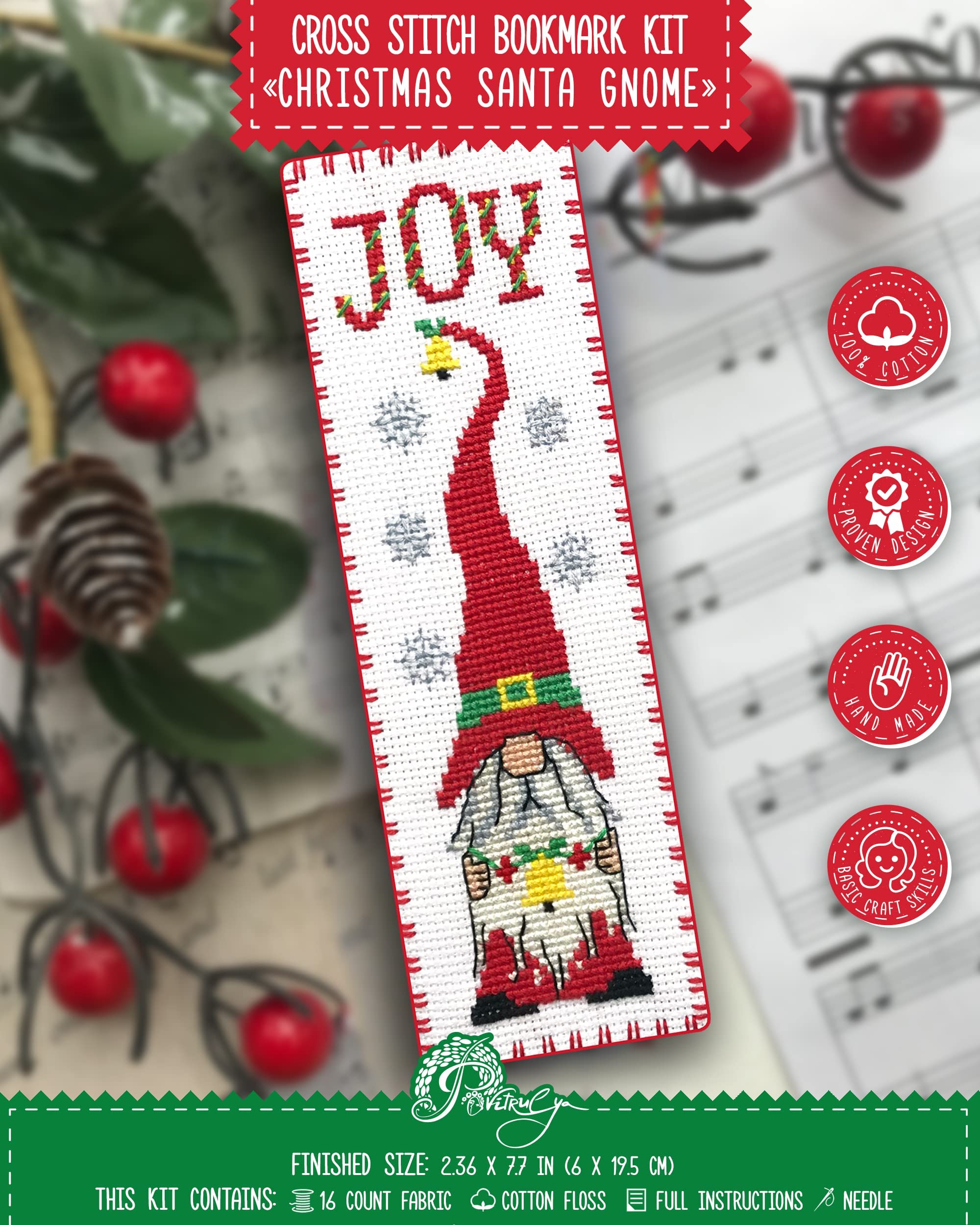 Povitrulya Christmas Santa Gnome - Counted Cross Stitch Bookmark Kit - DIY Embroidery Gift for Kids and Adults - Image 2