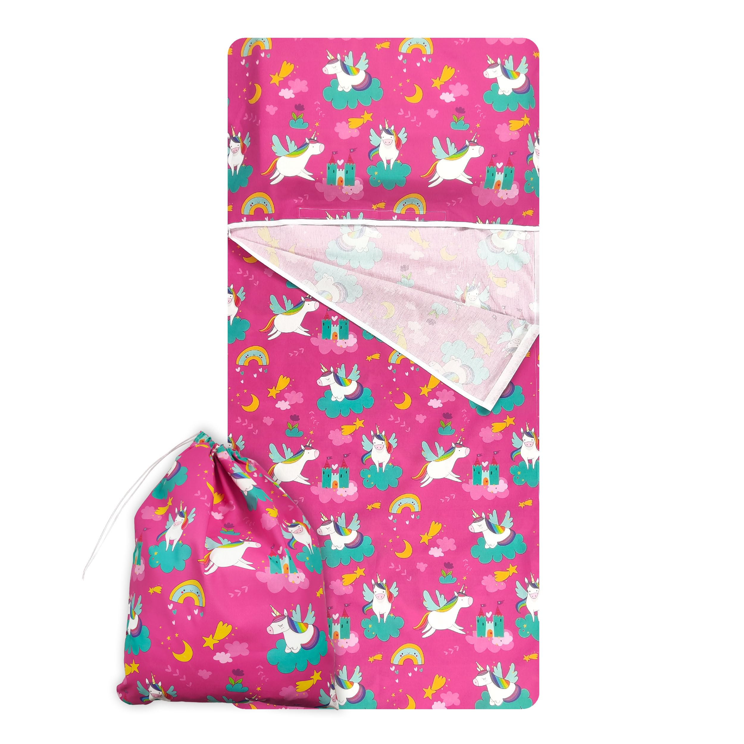 Panini Tessuti Juego de guardería, saco de dormir de verano y bolsa para bebé y niña de 2 a 6 años - Tejido 100% algodón - Made in Italy (juego de guardería de unicornios y arcoíris)