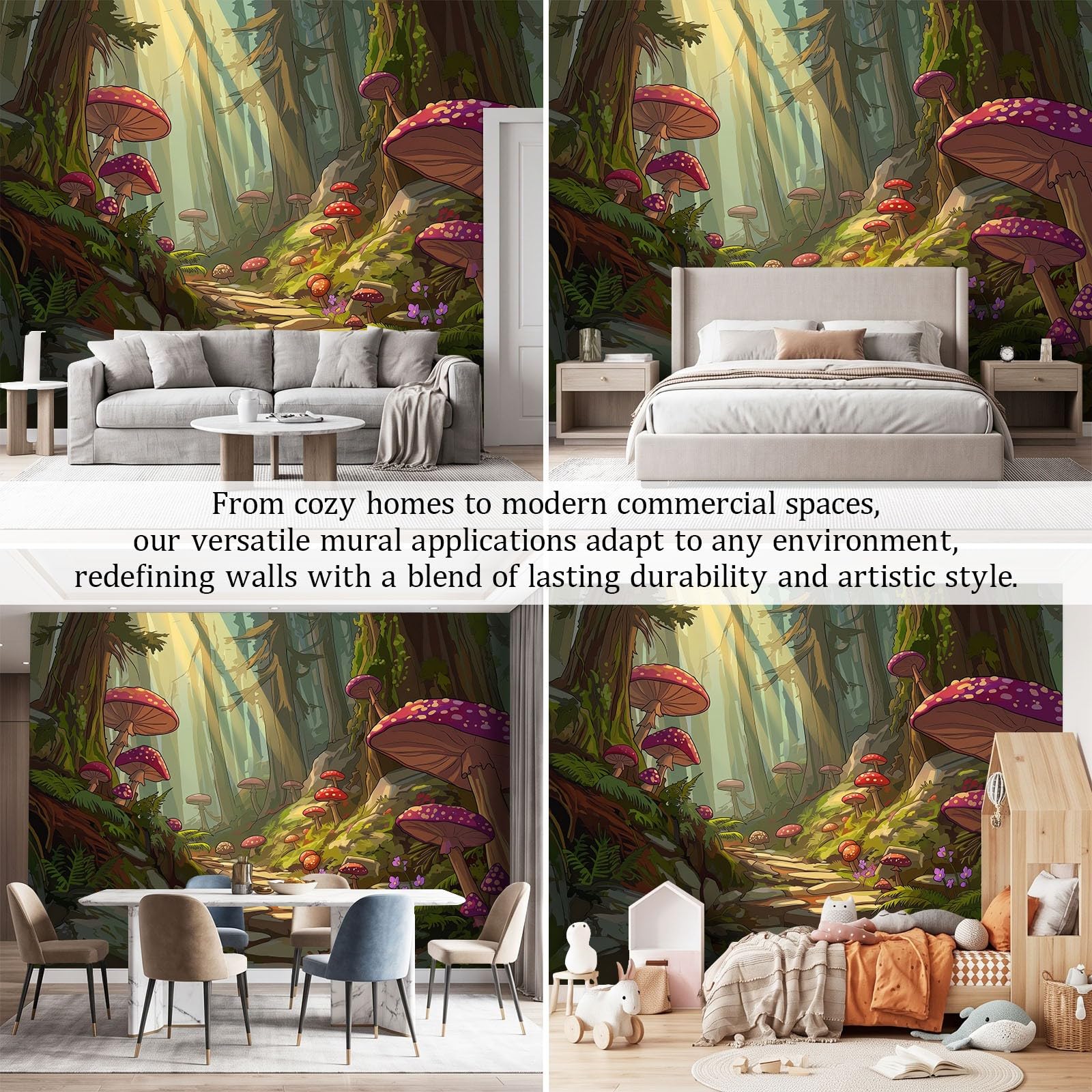 Panoramiczna tapeta 350x256, ilustracja Fantastyczna bajka Fototapeta z włókniny gobelin plakat ścienny do salonu dekoracja ścienna do sypialni, dzieci zaczarowany las grzyby