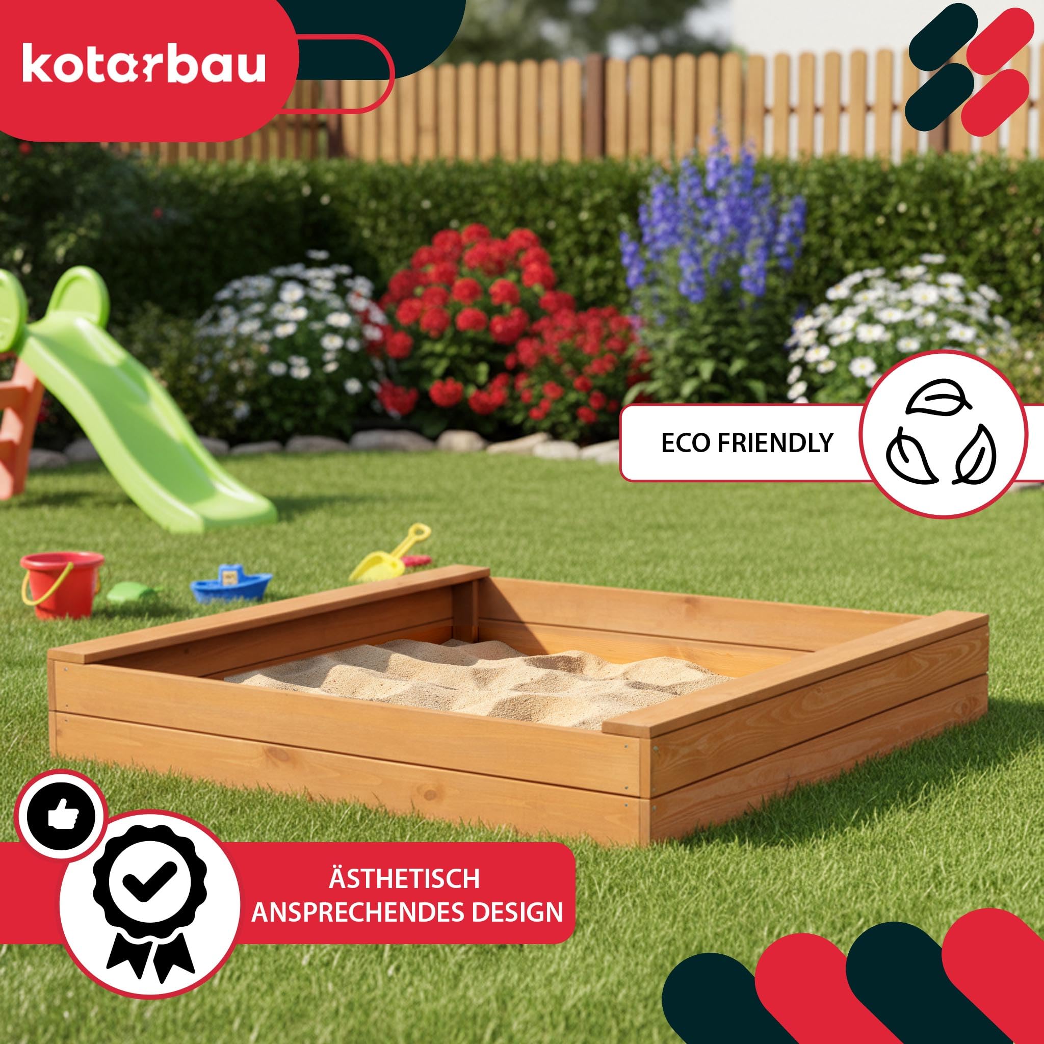 KOTARBAU® Piaskownica z ławką do siedzenia – 120 x 120 cm – piaskownica z drewna – piaskownica z 2 ławkami – zabawka ogrodowa dla dzieci – z włókniną do piaskownicy – drewno sosnowe – impregnowana