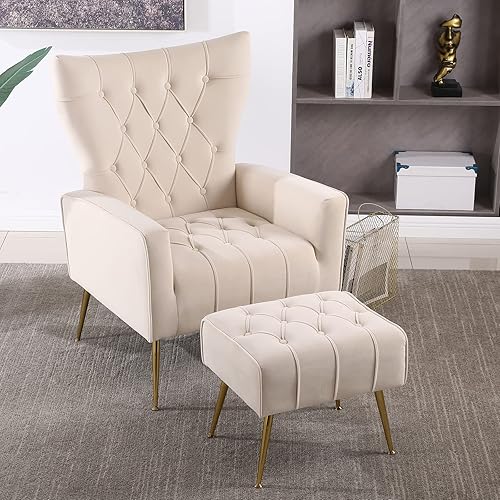Miniatura 9 de Silla decorativa moderna de terciopelo con otomana, elegante sillón con respaldo de ala con patas de metal dorado, cómodo sofá tapizado individual