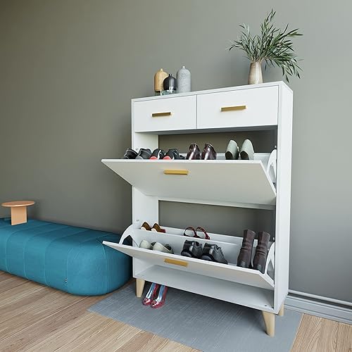 Miniatura 7 de GLAUBIO Armario de almacenamiento de zapatos, armario de almacenamiento de zapatos de 2 niveles con puertas abatibles, organizador de 20 pares con