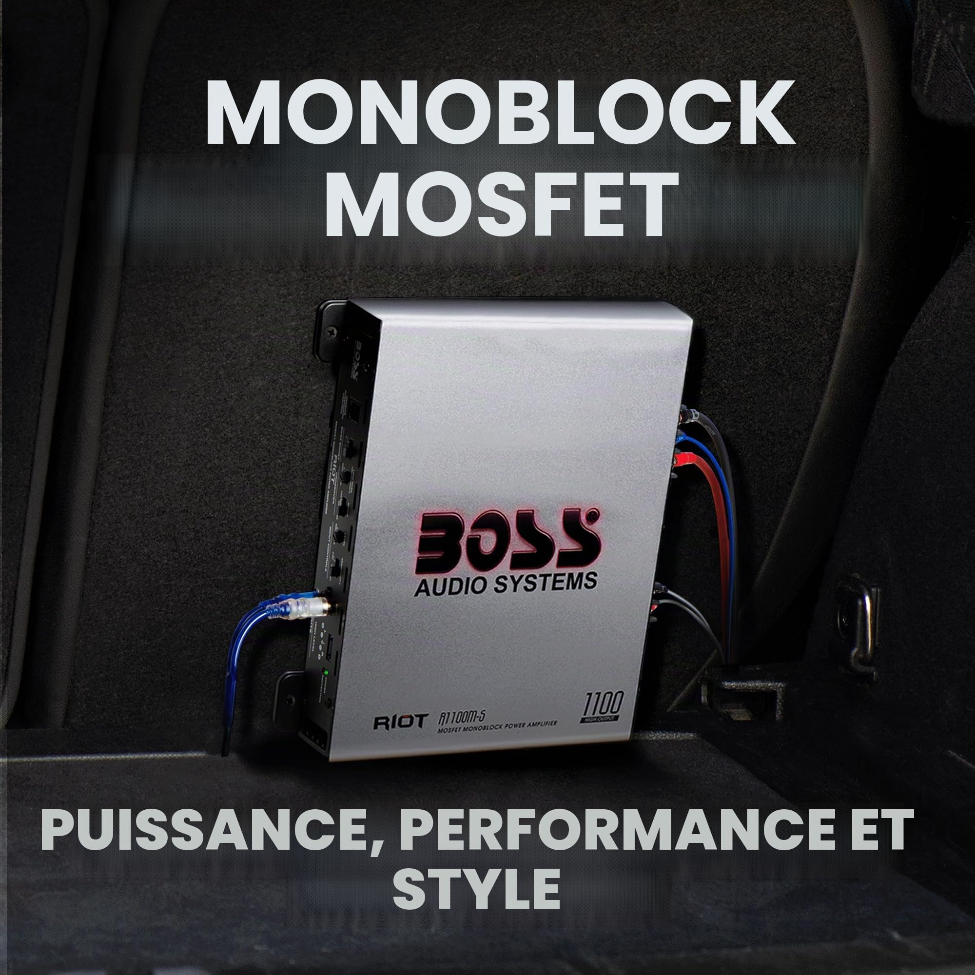 BOSS Systèmes audio d’amplificateur de voiture monobloc R1100M-S - 1100 haut rendement, 2-8 Ohm stable, entrées faible/haut niveau, croisement passe-bas, alimentation MOSFET