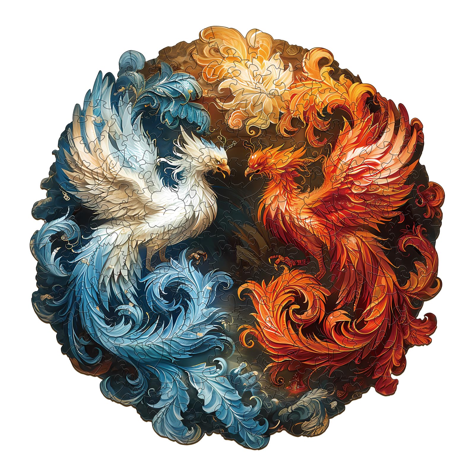 Jigfoxy Wooden Puzzles for Adults, Yin-Yang Phoenix Wood Puzzles Adult, Unique Animal Shape Wooden Jigsaw Puzzles for Adults, Birthday Gifts for Puzzle Lovers, Family, Friend (M-11.6 * 11.4in-195pcs)