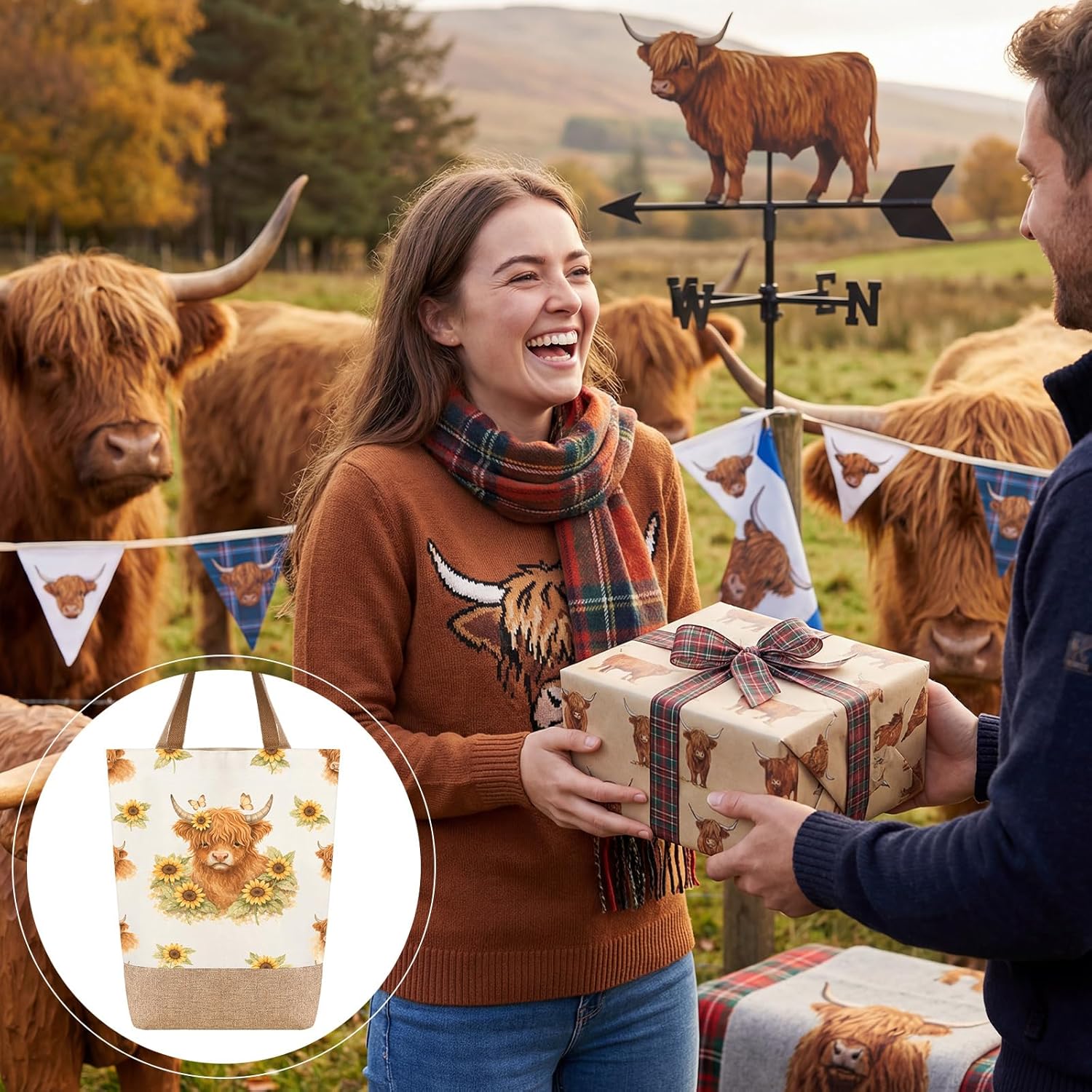 Sadnyy 6pcs Highland Cow Gift Sets for Women Highland Cow Unique Gift Set with Novelty Socks Makeup Bag Keychain Notebook Tote Bag and Pen for Mom Animal Lover Birthday Gifts