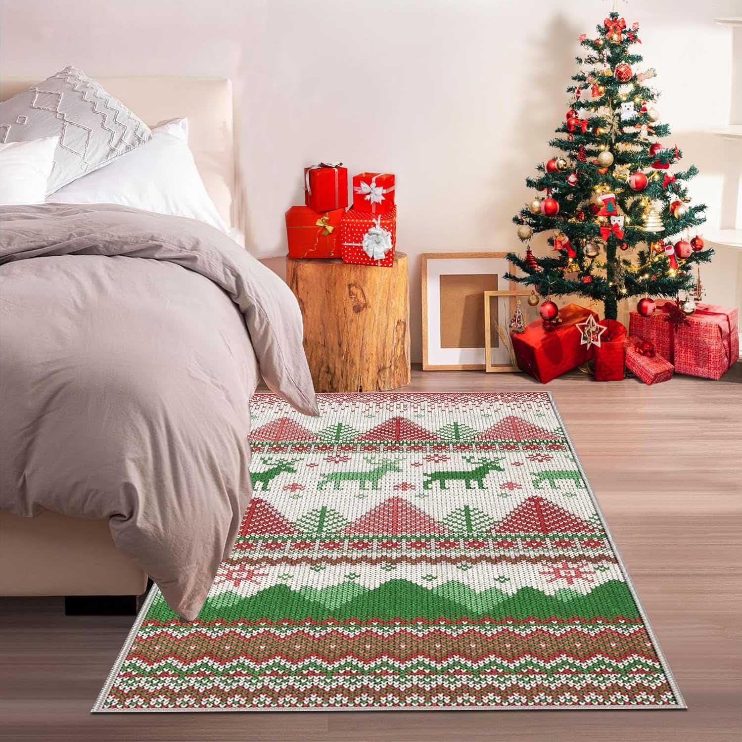 Alfombra Grande Salon con Diseño de árboles de Navidad y Renos Alfombra de Cocina Antideslizante Lavable Navideñas Alfombra Navidad de Decoración para Salon Entrada Cocina Baño,80x120cm