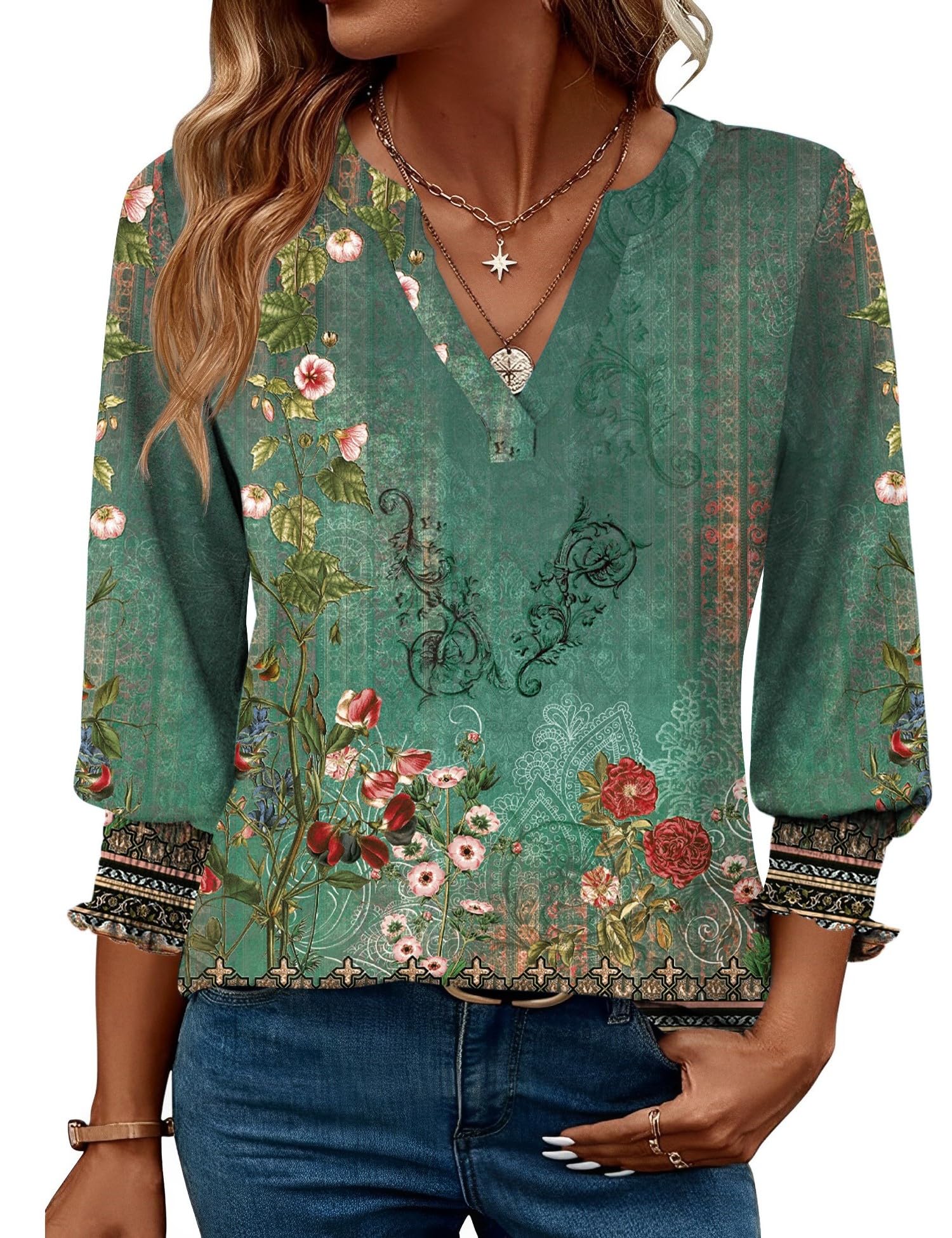 Rapbin Damen Bluse 3/4 arm Langerm V-Ausschnitt Tunika Sommer Tops Locker Shirt Elegant Lässig Oberteil Blusen 2026
