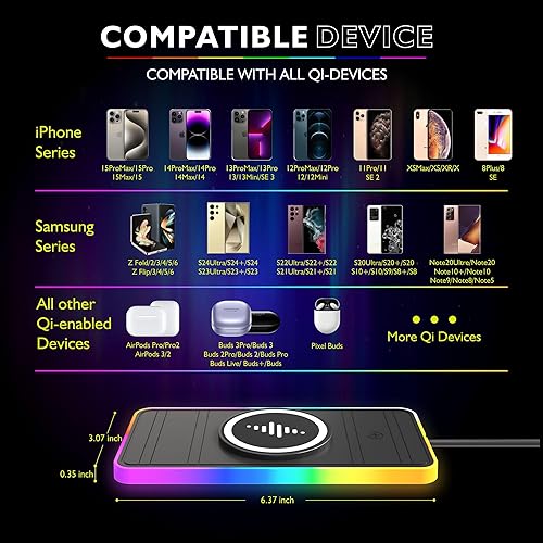 Miniatura 5 de LANSEMKU RGB 15W - Almohadilla de carga inalámbrica magnética para coche, para iPhone 16, 15, 14, 13, 12, 11 Pro Max, para Samsung Galaxy